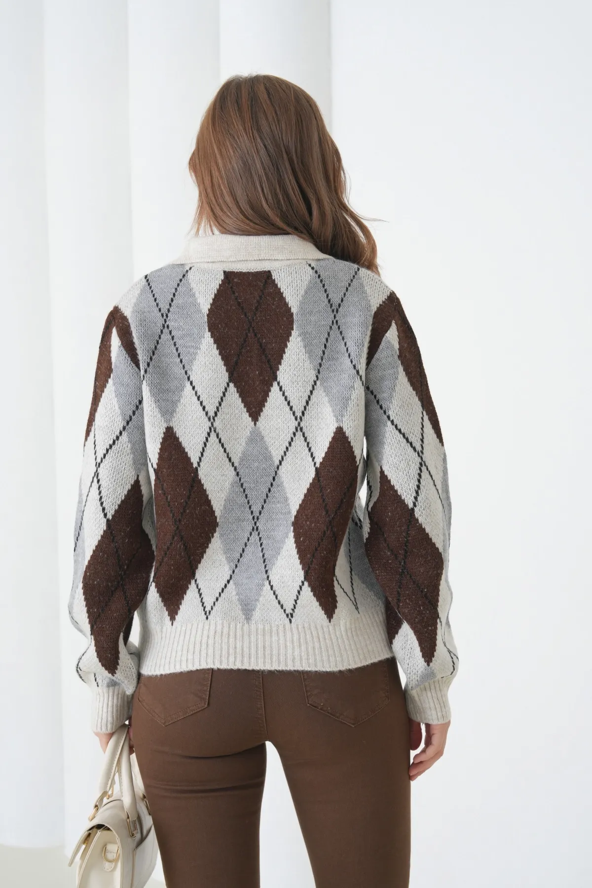 Kadın Polo Yaka Baklava Desenli Yumuşak Dokulu Triko Kazak