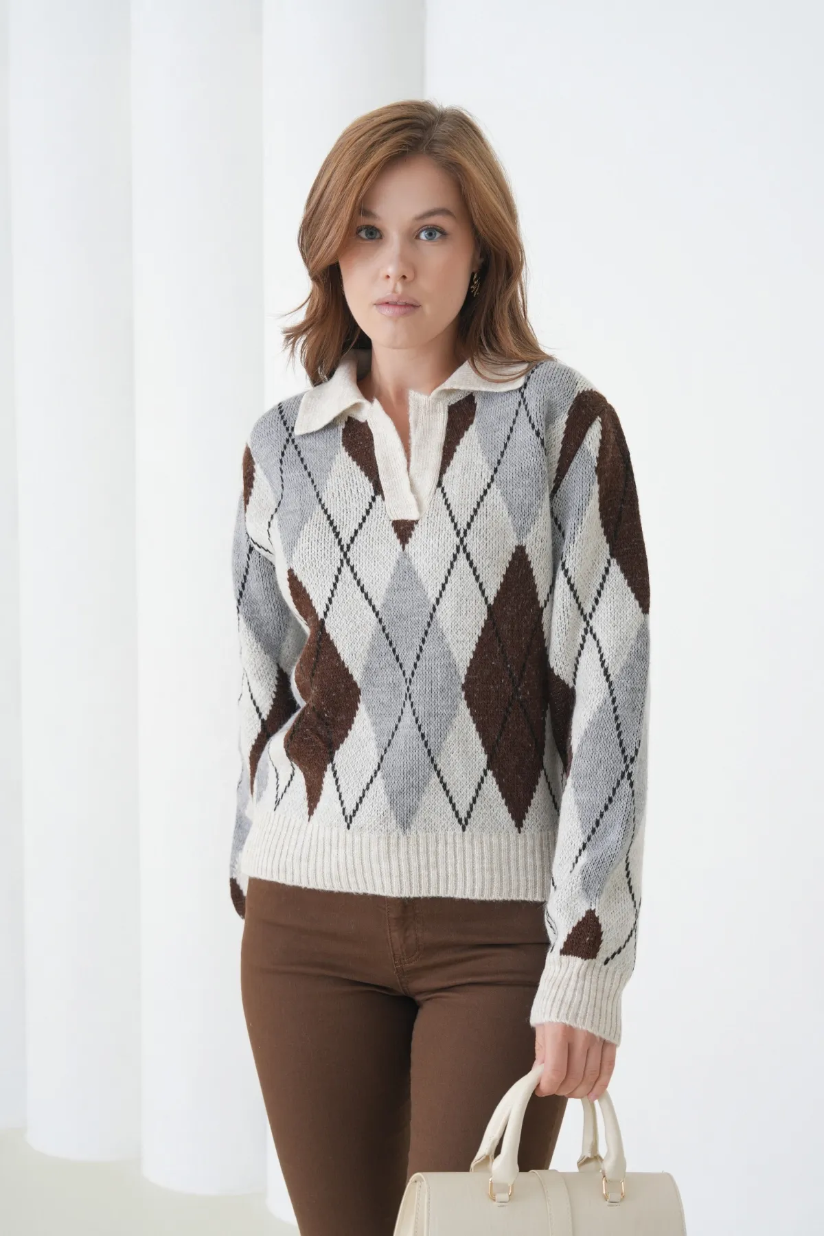 Kadın Polo Yaka Baklava Desenli Yumuşak Dokulu Triko Kazak