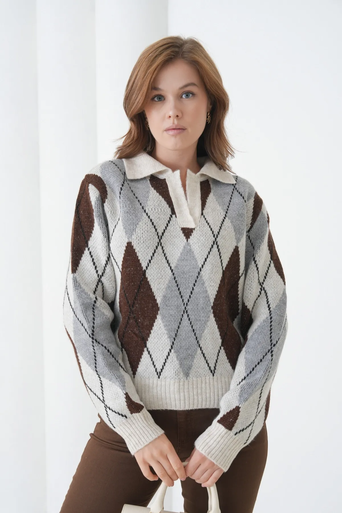 Kadın Polo Yaka Baklava Desenli Yumuşak Dokulu Triko Kazak