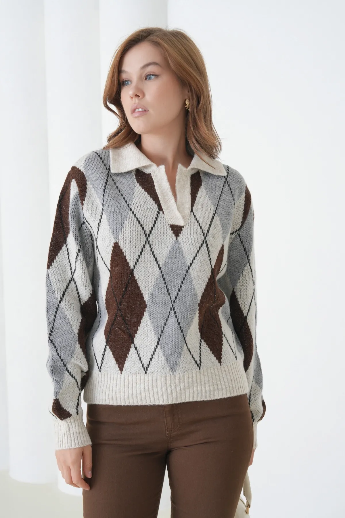 Kadın Polo Yaka Baklava Desenli Yumuşak Dokulu Triko Kazak