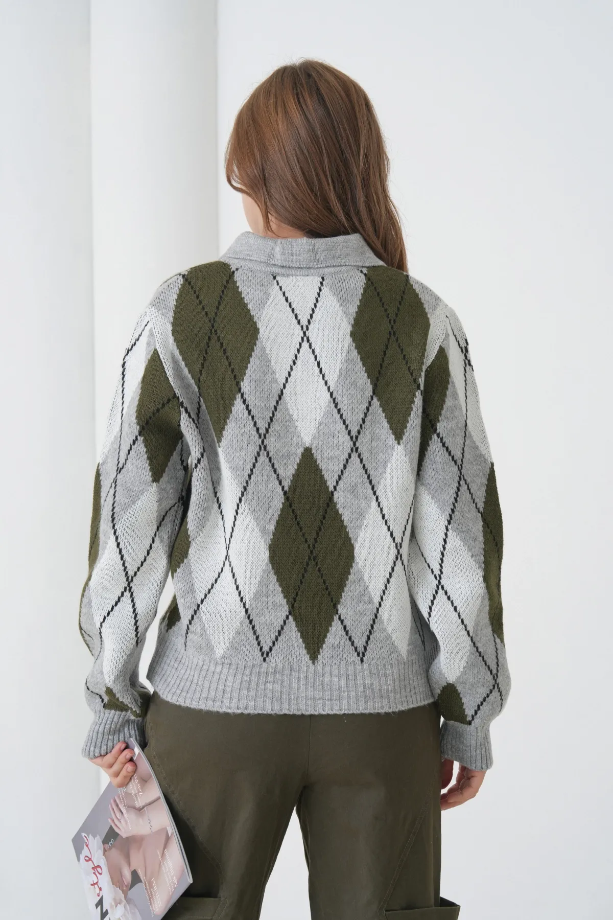 Kadın Polo Yaka Baklava Desenli Yumuşak Dokulu Triko Kazak