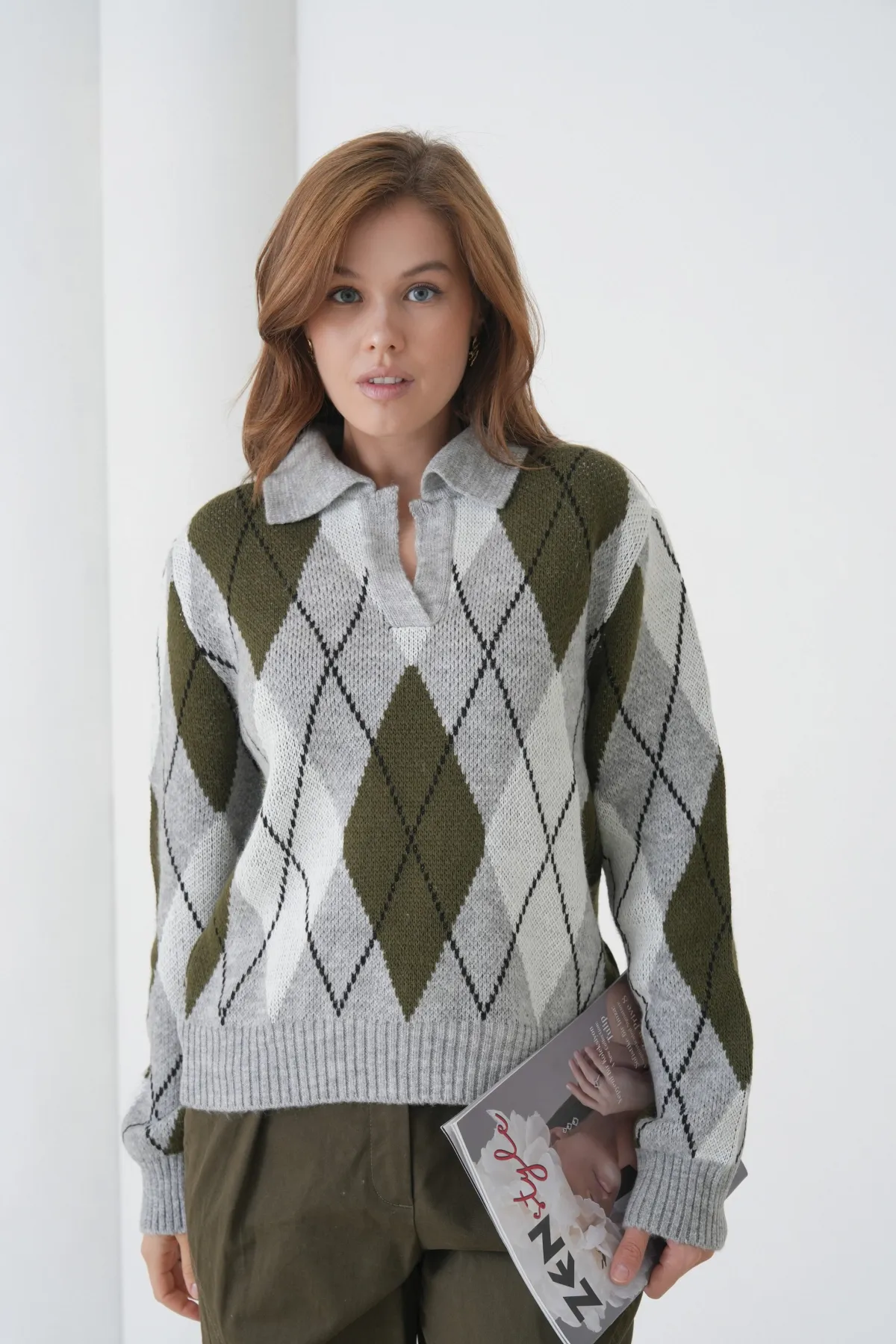 Kadın Polo Yaka Baklava Desenli Yumuşak Dokulu Triko Kazak