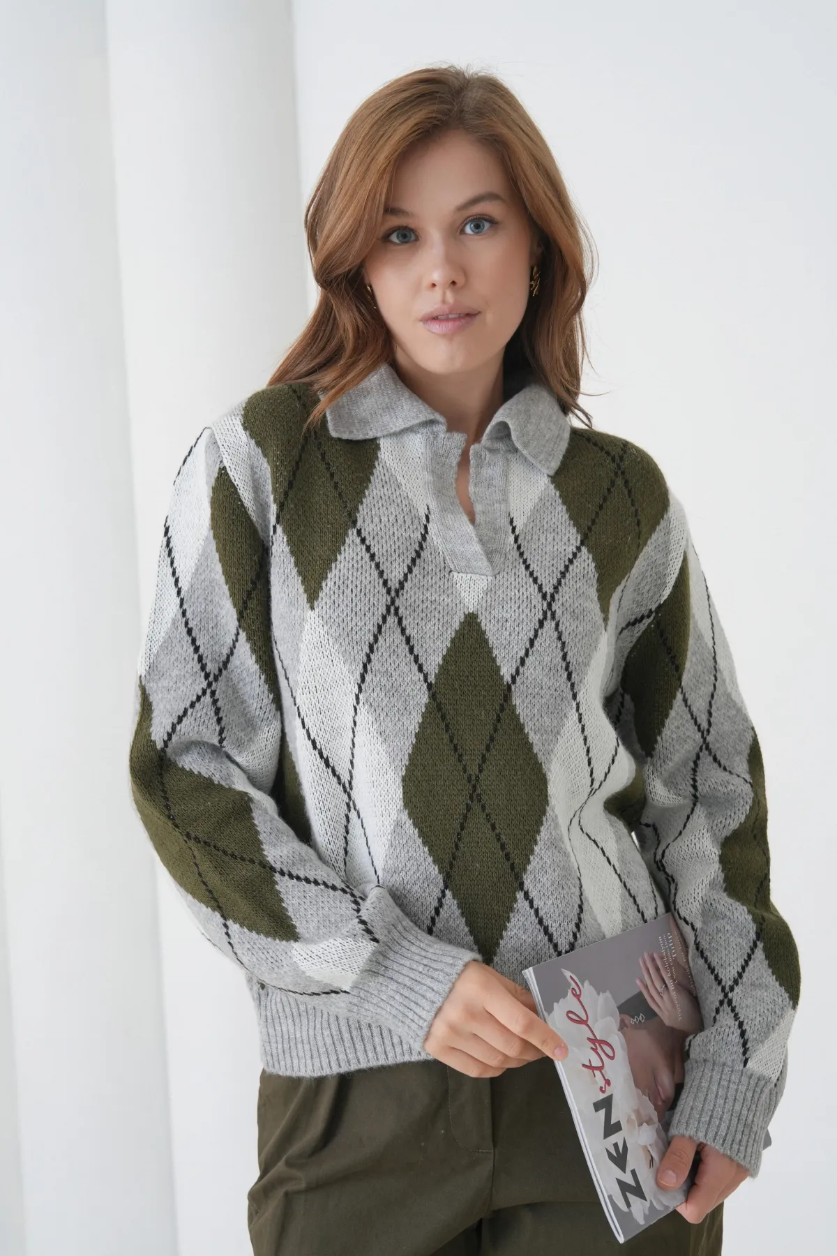 Kadın Polo Yaka Baklava Desenli Yumuşak Dokulu Triko Kazak