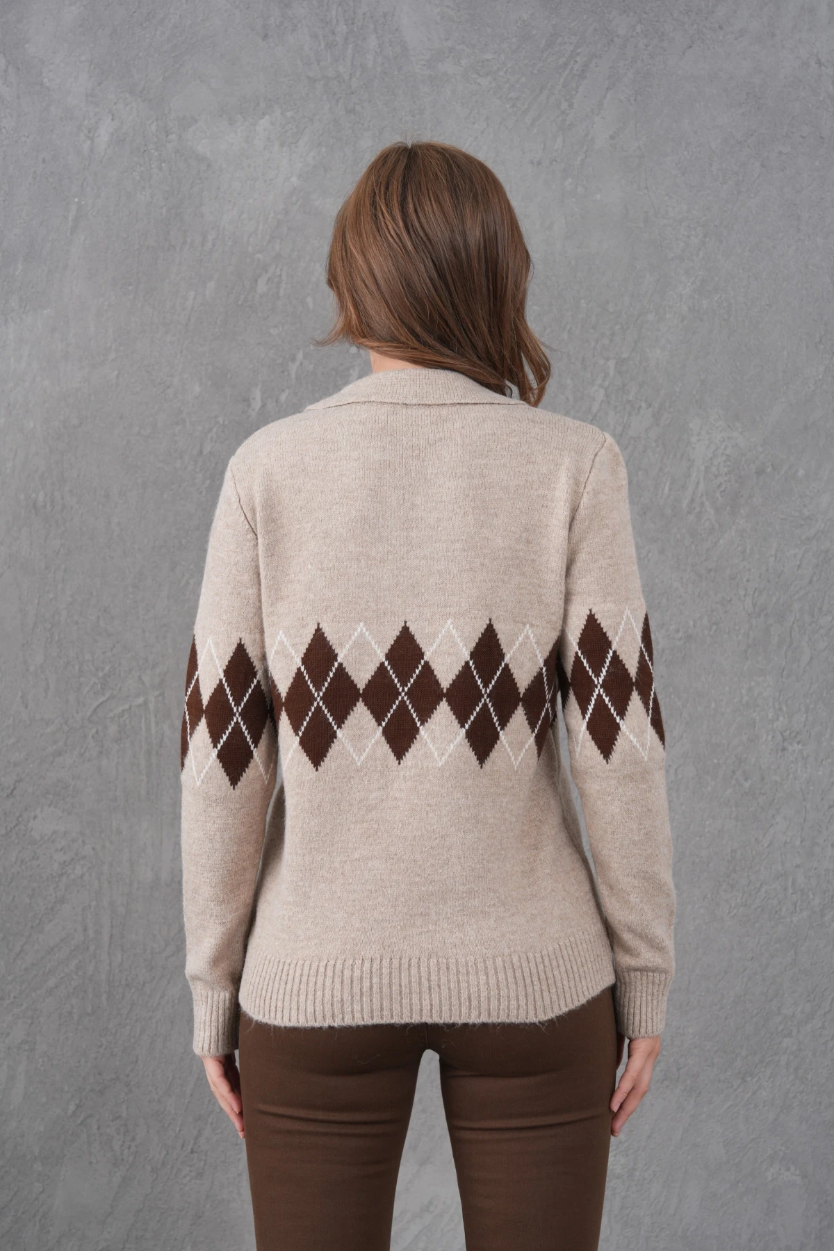 Kadın Polo Yaka Desenli Yarım Pat Triko Kazak 8597Sw