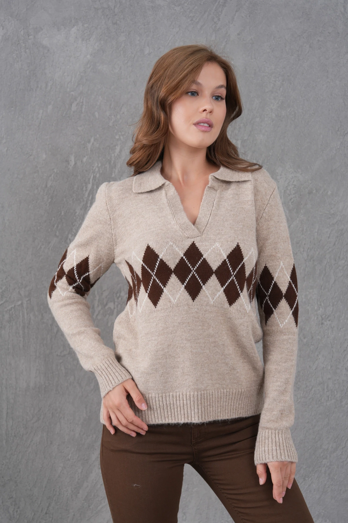 Kadın Polo Yaka Desenli Yarım Pat Triko Kazak 8597Sw