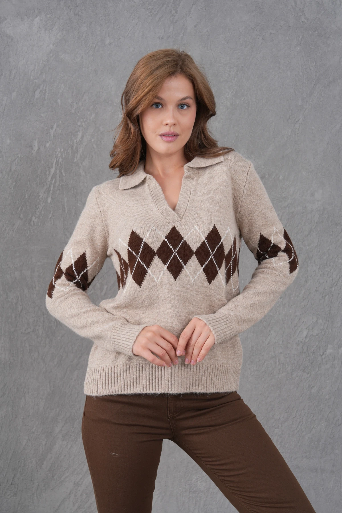 Kadın Polo Yaka Desenli Yarım Pat Triko Kazak 8597Sw