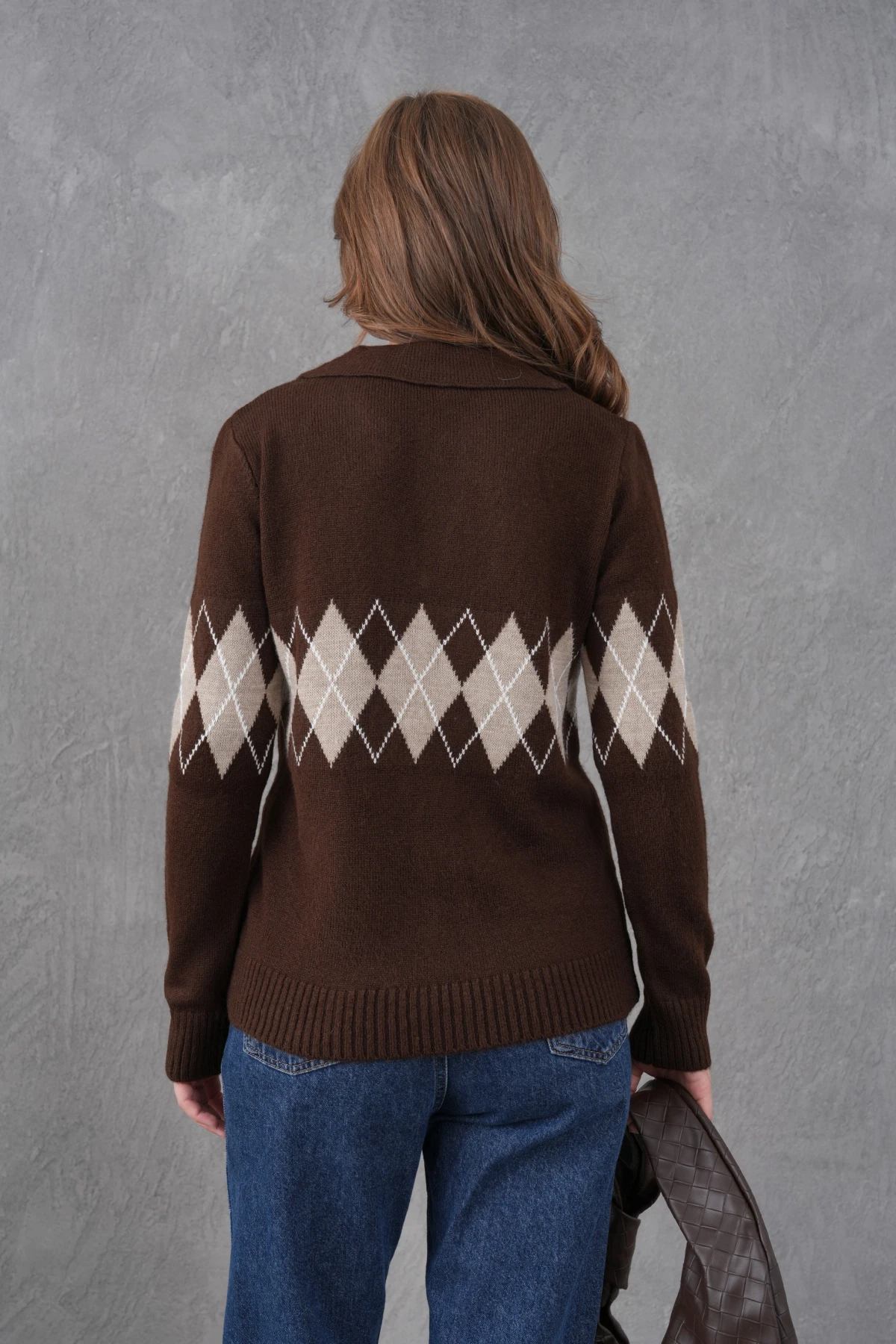 Kadın Polo Yaka Desenli Yarım Pat Triko Kazak 8597Sw