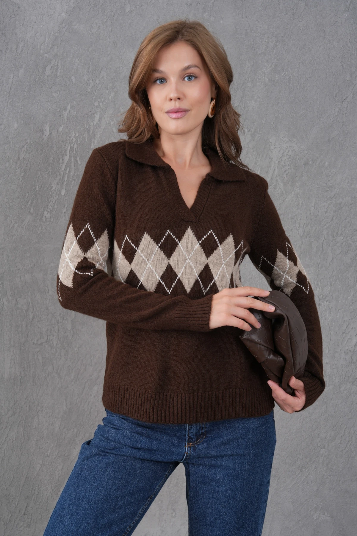 Kadın Polo Yaka Desenli Yarım Pat Triko Kazak 8597Sw