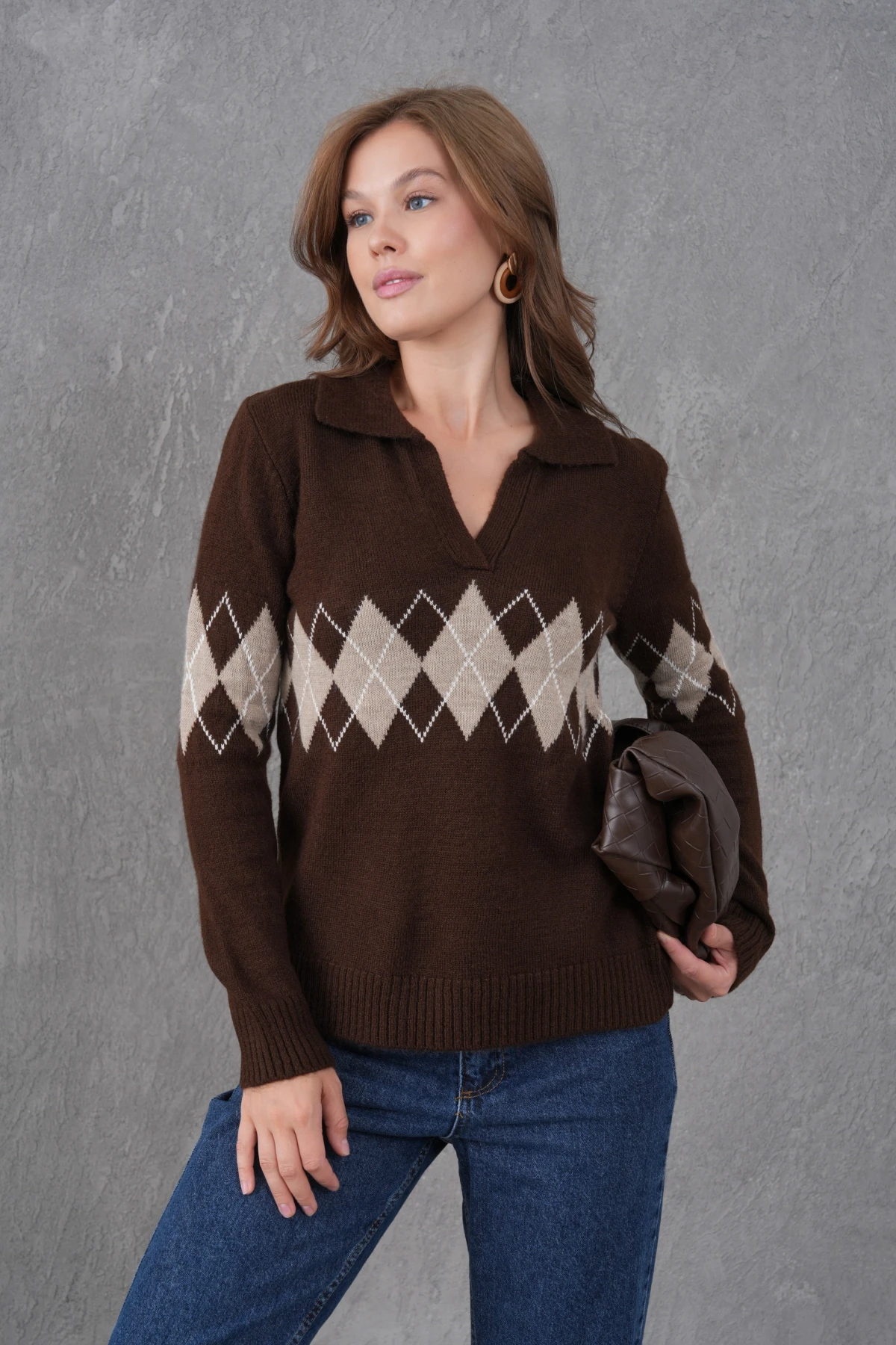 Kadın Polo Yaka Desenli Yarım Pat Triko Kazak 8597Sw