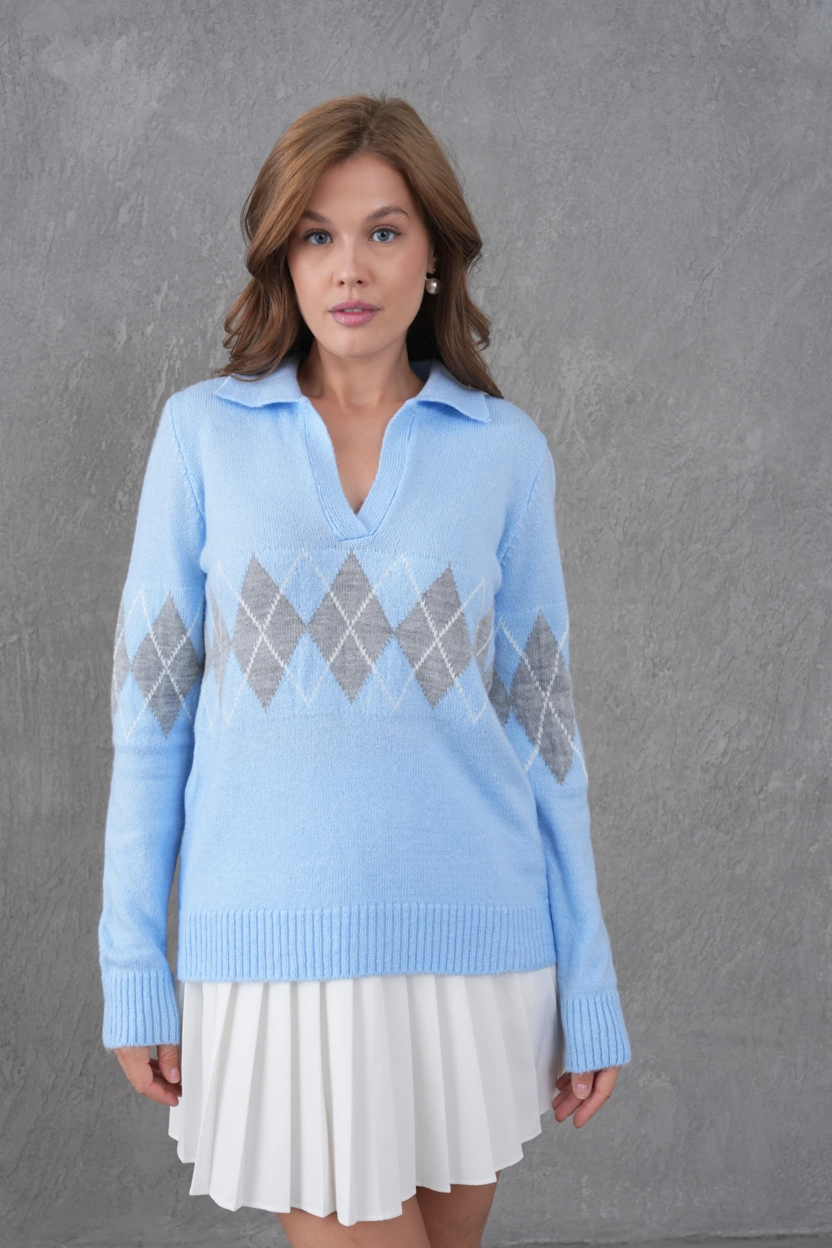 Kadın Polo Yaka Desenli Yarım Pat Triko Kazak 8597Sw