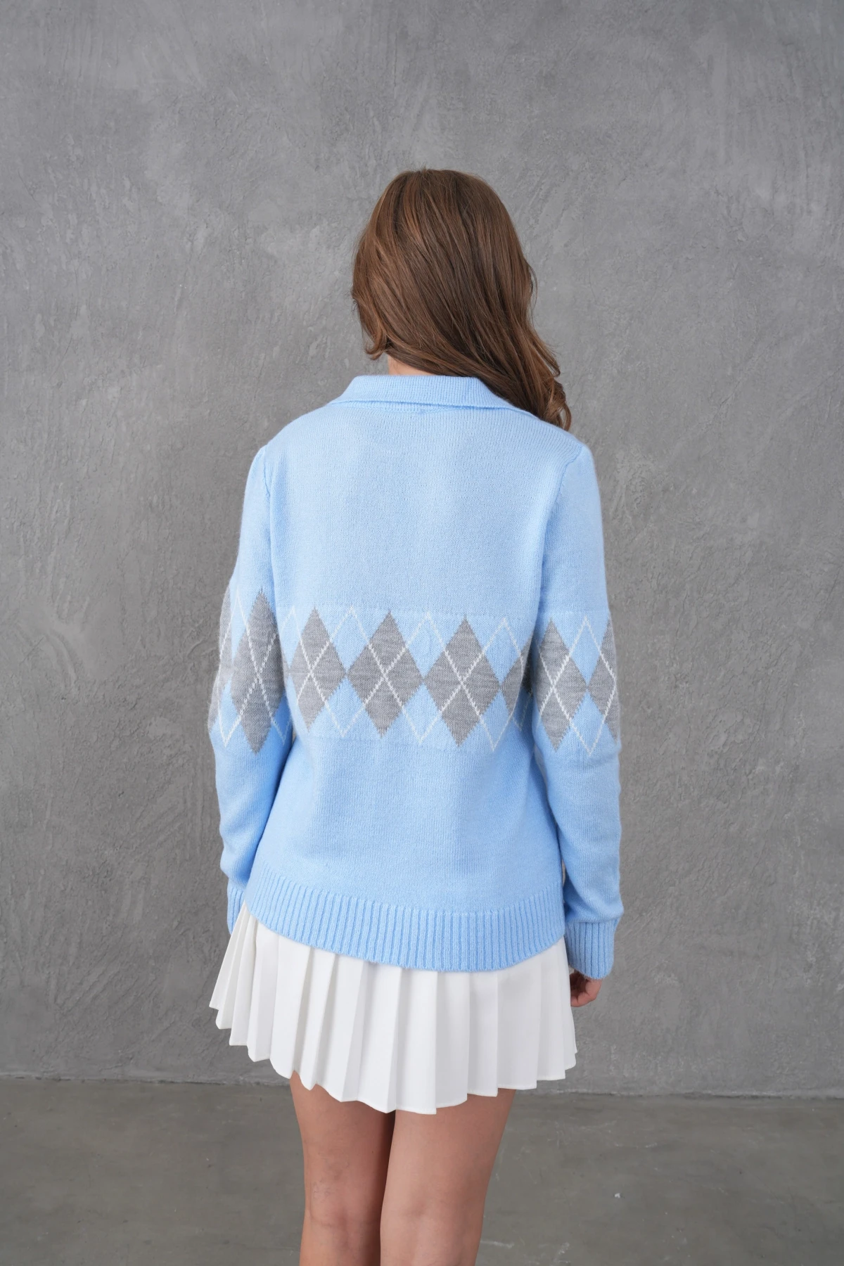 Kadın Polo Yaka Desenli Yarım Pat Triko Kazak 8597Sw