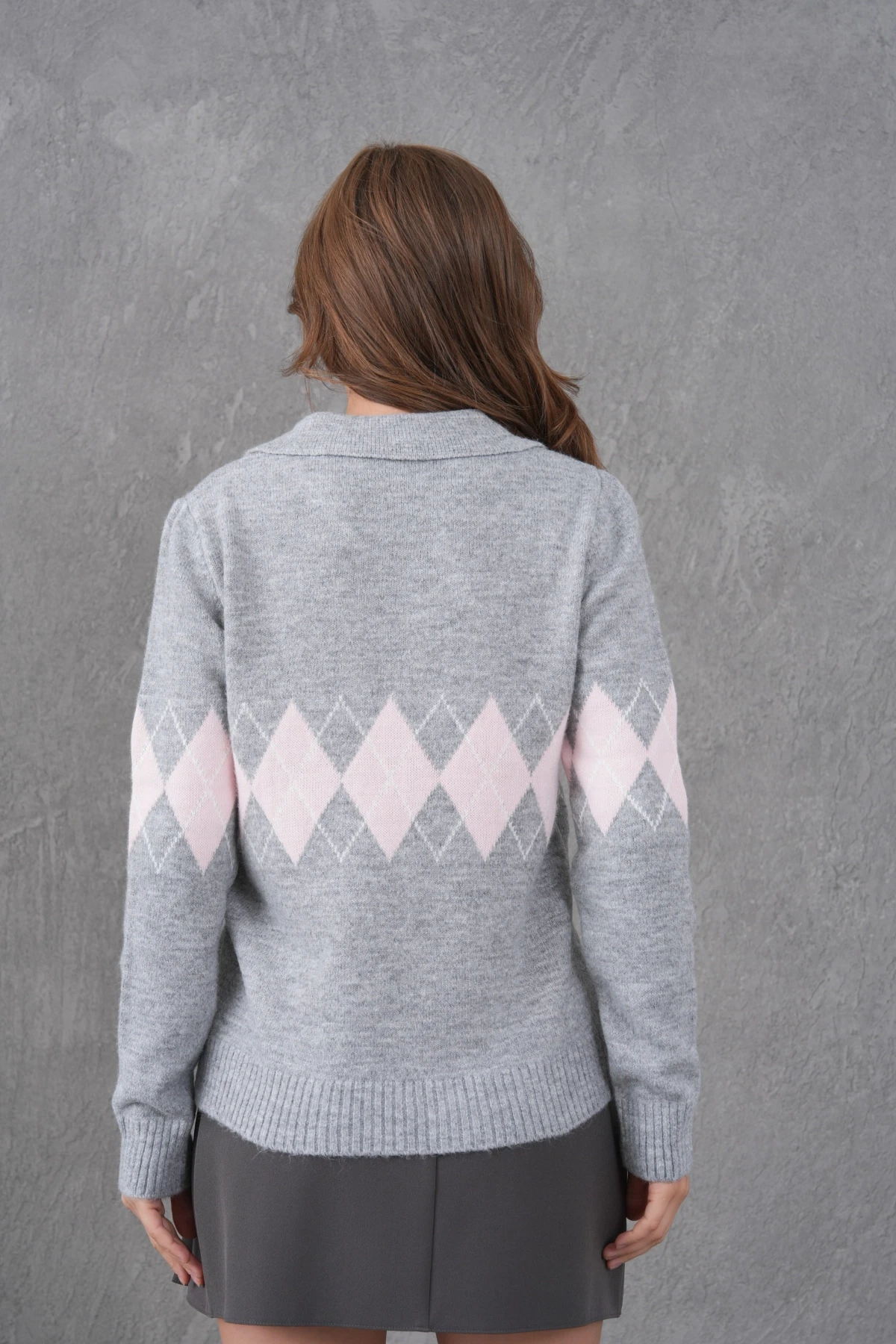 Kadın Polo Yaka Desenli Yarım Pat Triko Kazak 8597Sw