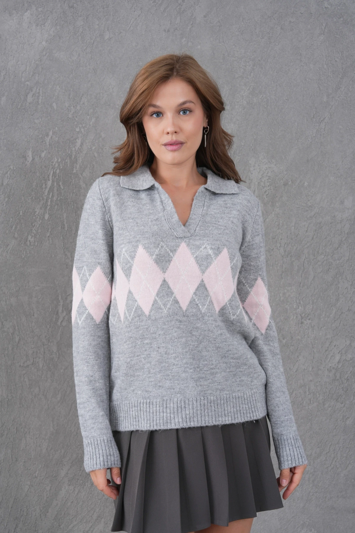 Kadın Polo Yaka Desenli Yarım Pat Triko Kazak 8597Sw