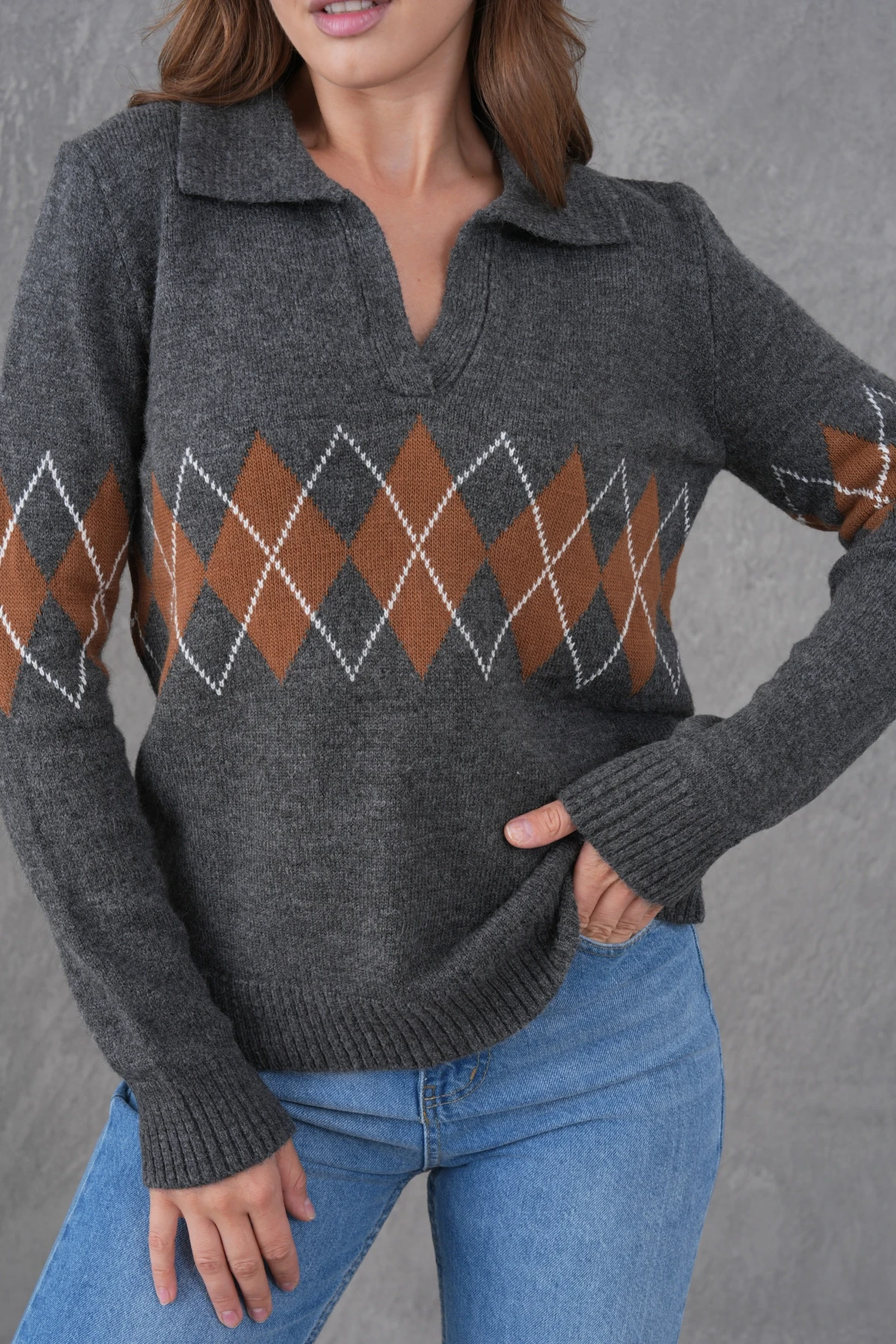 Kadın Polo Yaka Desenli Yarım Pat Triko Kazak 8597Sw