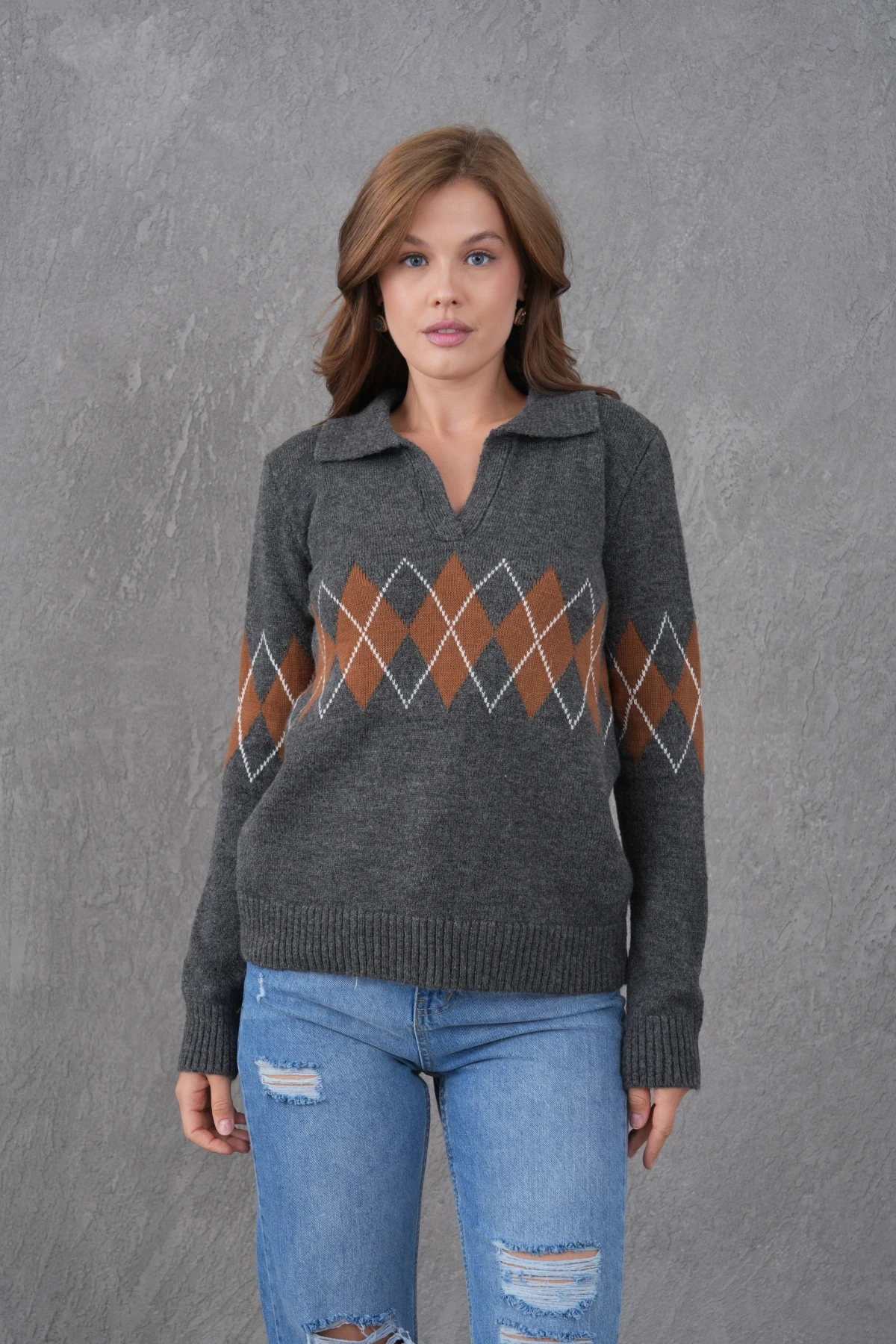 Kadın Polo Yaka Desenli Yarım Pat Triko Kazak 8597Sw