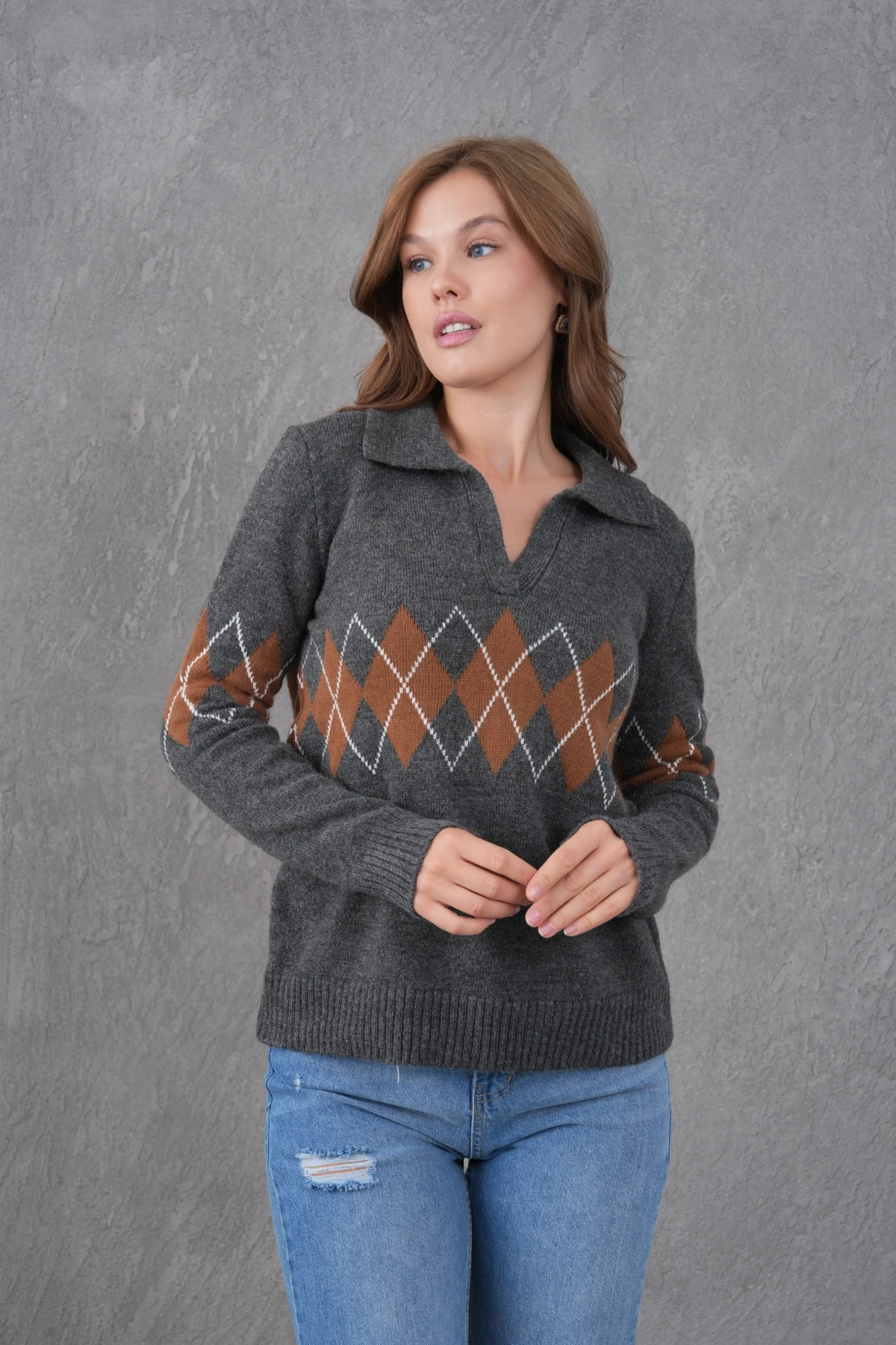 Kadın Polo Yaka Desenli Yarım Pat Triko Kazak 8597Sw