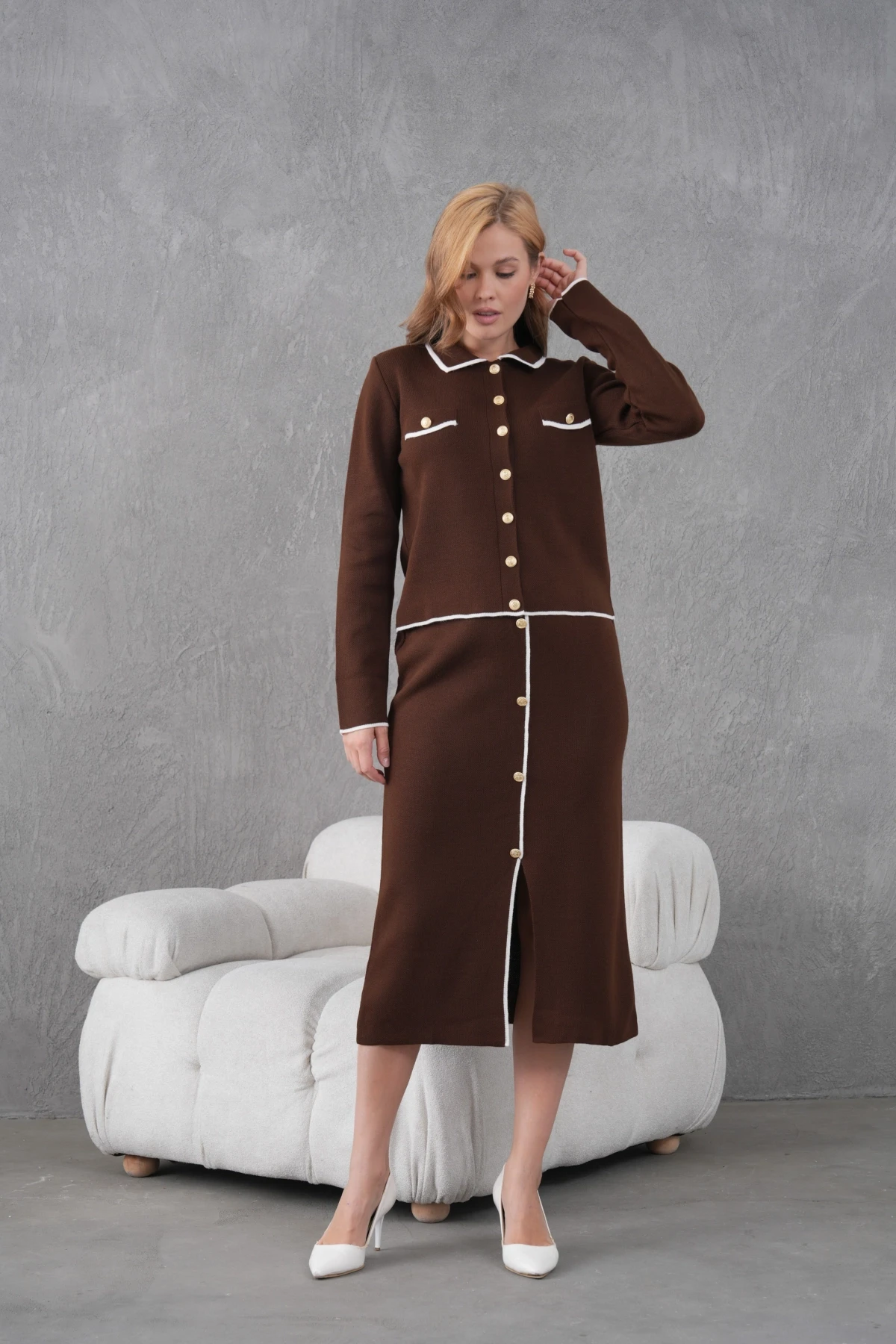 Kadın Polo Yaka Düğme Detay Ceket Uzun Etek İkili Triko Takım