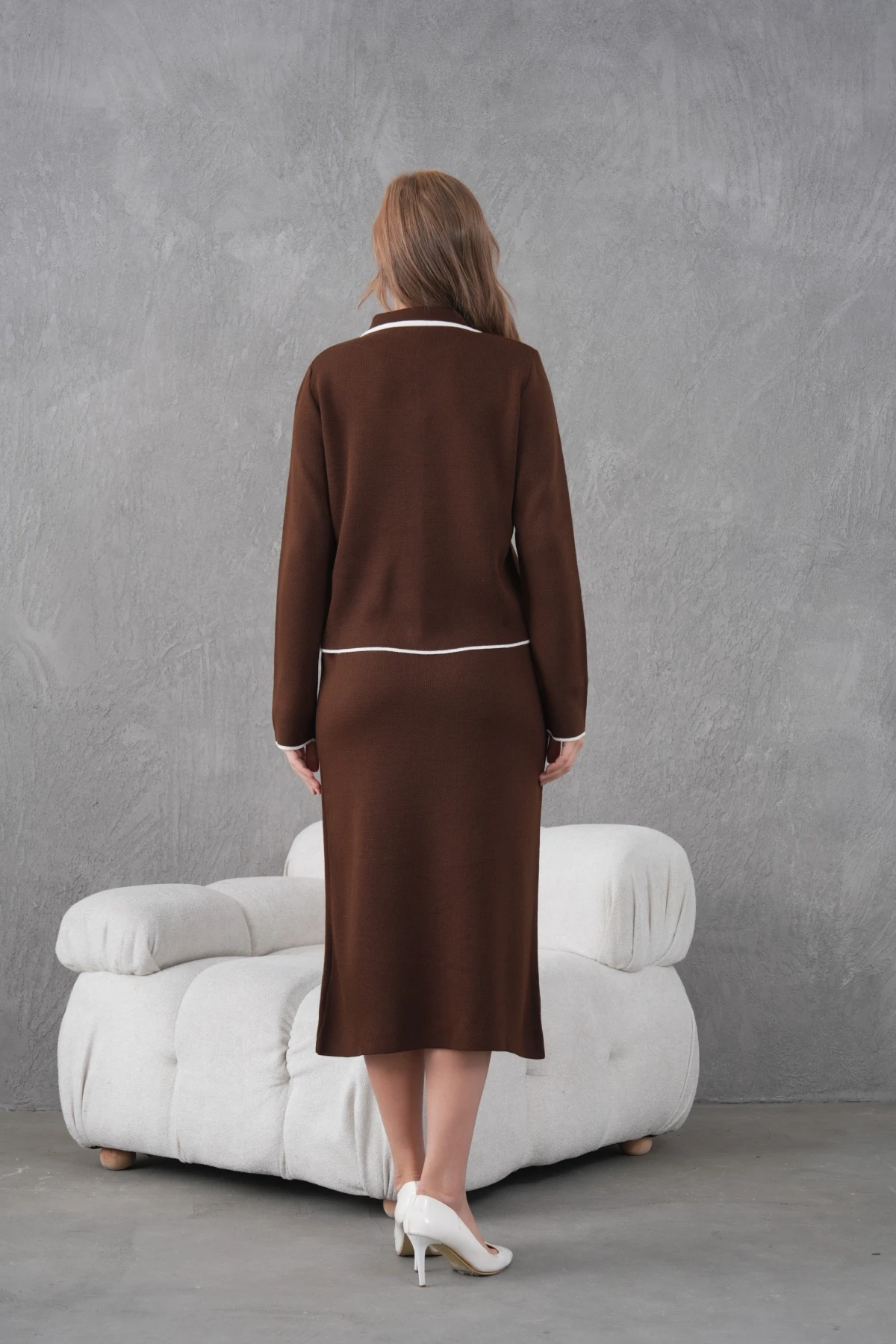 Kadın Polo Yaka Düğme Detay Ceket Uzun Etek İkili Triko Takım