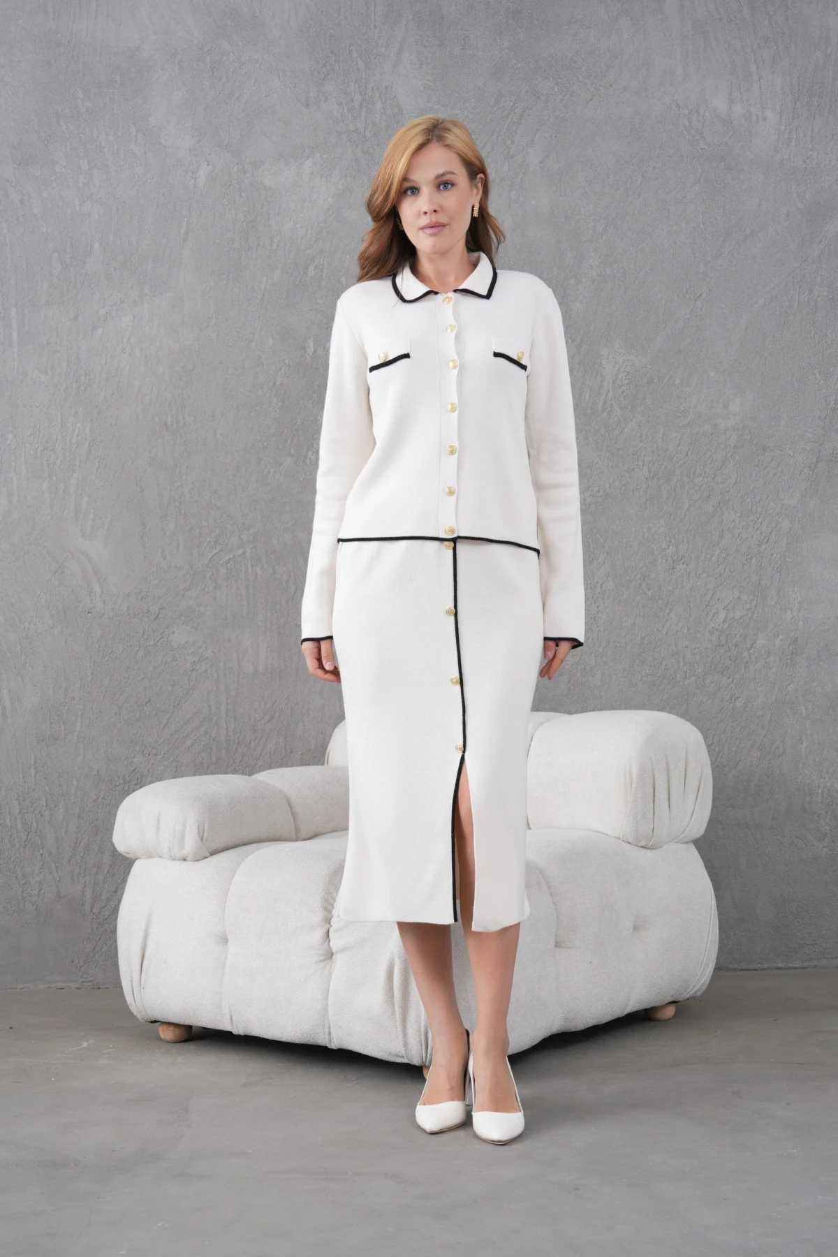 Kadın Polo Yaka Düğme Detay Ceket Uzun Etek İkili Triko Takım