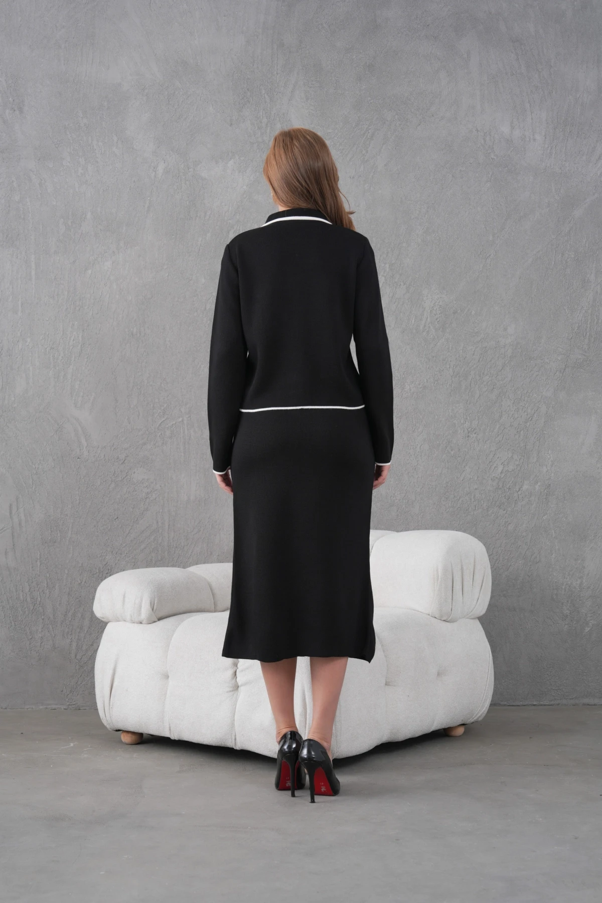 Kadın Polo Yaka Düğme Detay Ceket Uzun Etek İkili Triko Takım