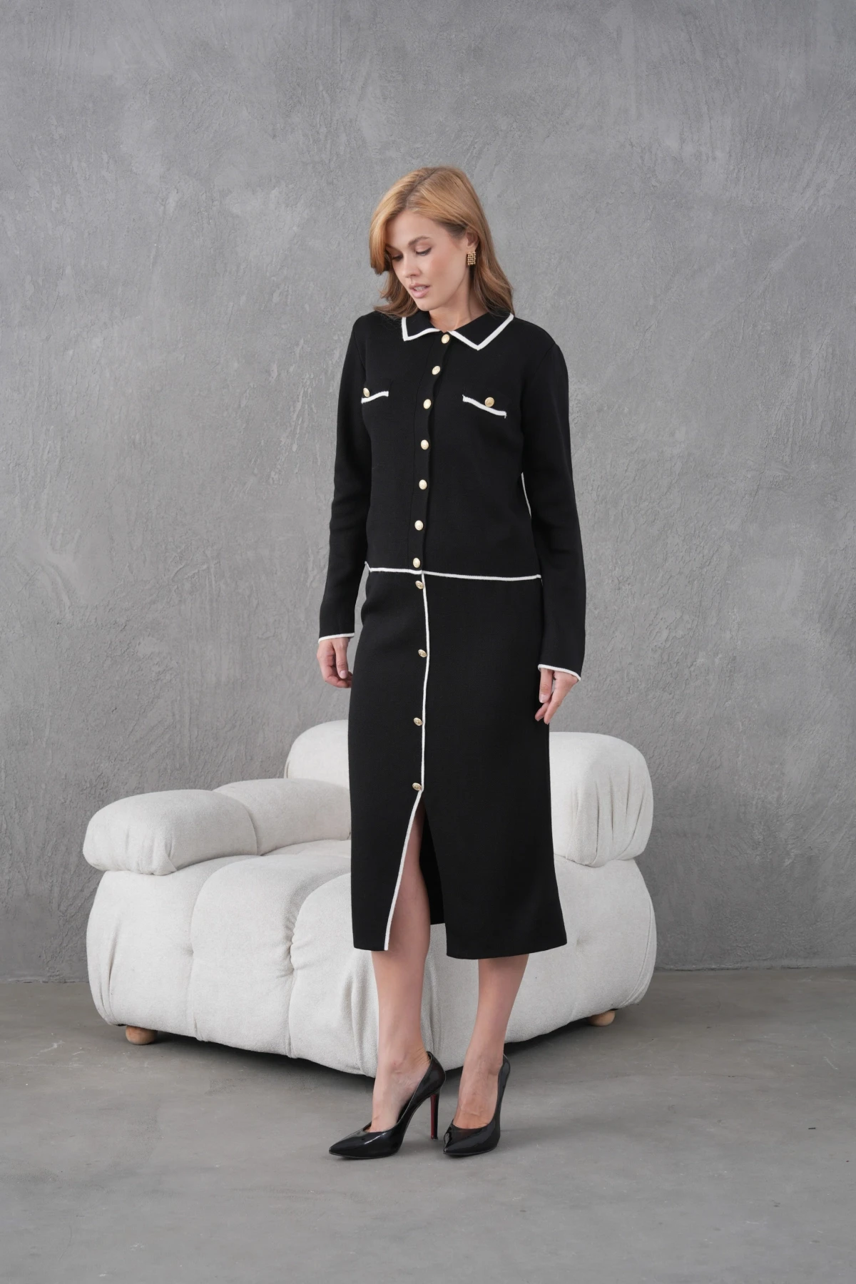 Kadın Polo Yaka Düğme Detay Ceket Uzun Etek İkili Triko Takım