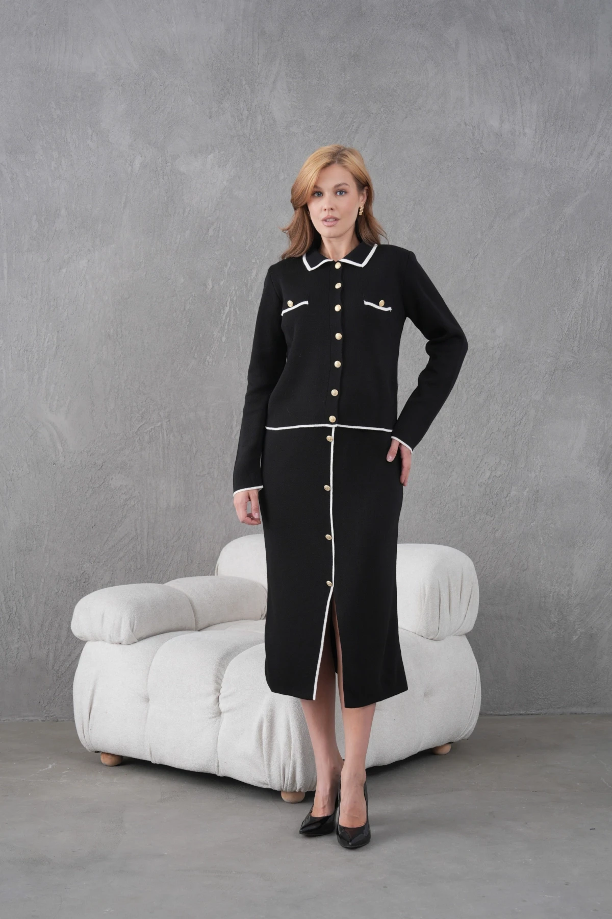 Kadın Polo Yaka Düğme Detay Ceket Uzun Etek İkili Triko Takım