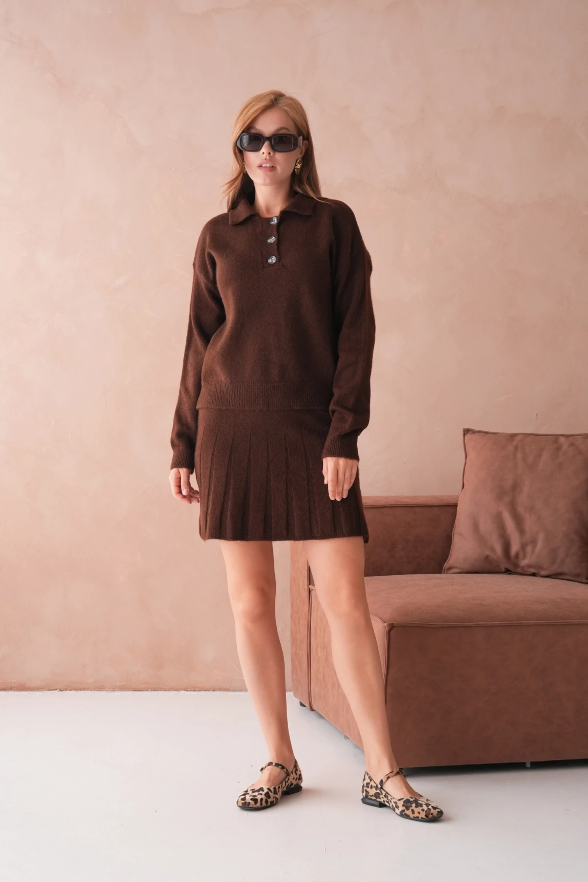 Kadın Polo Yaka Düğme Detay Kazak Etek İkili Triko Takım