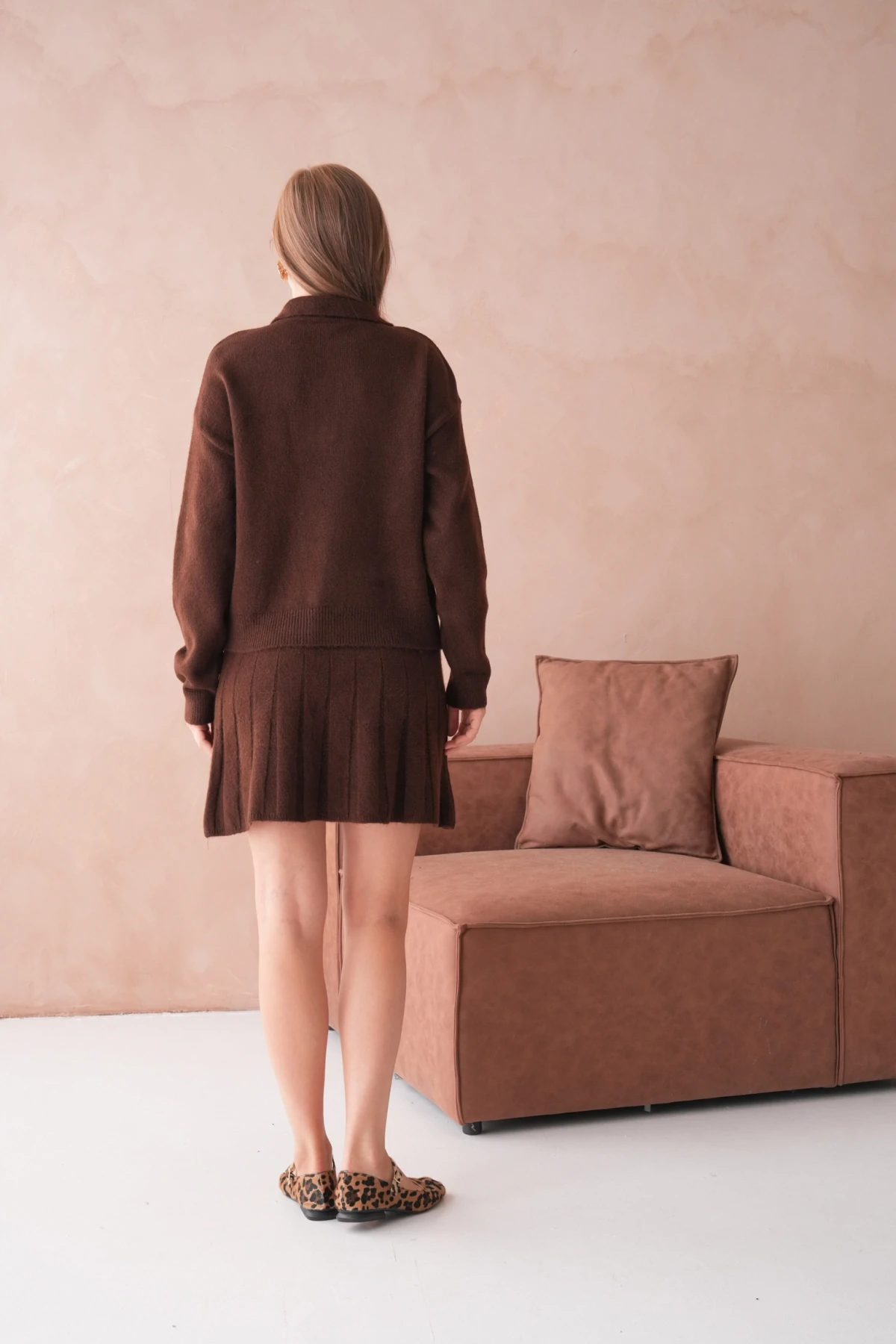 Kadın Polo Yaka Düğme Detay Kazak Etek İkili Triko Takım