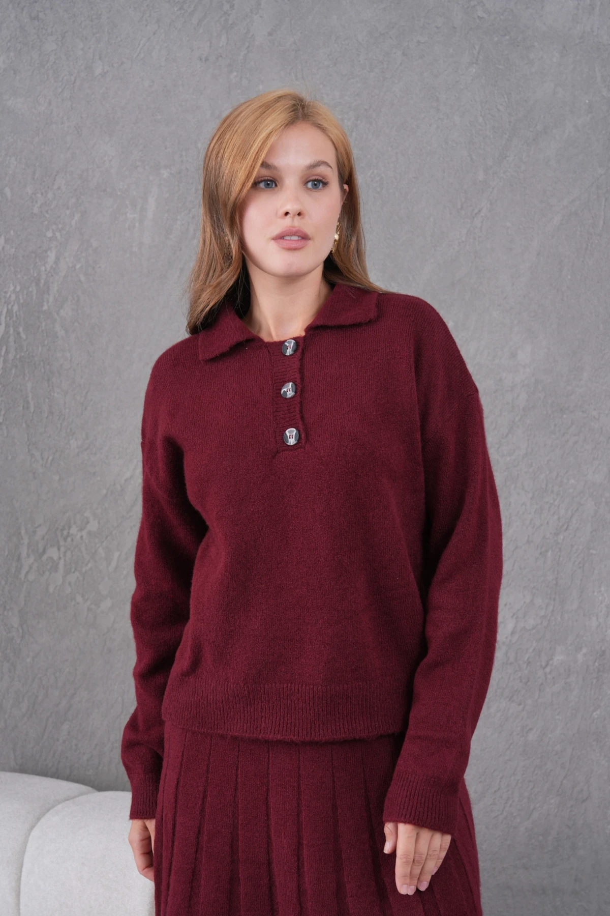 Kadın Polo Yaka Düğme Detay Kazak Etek İkili Triko Takım