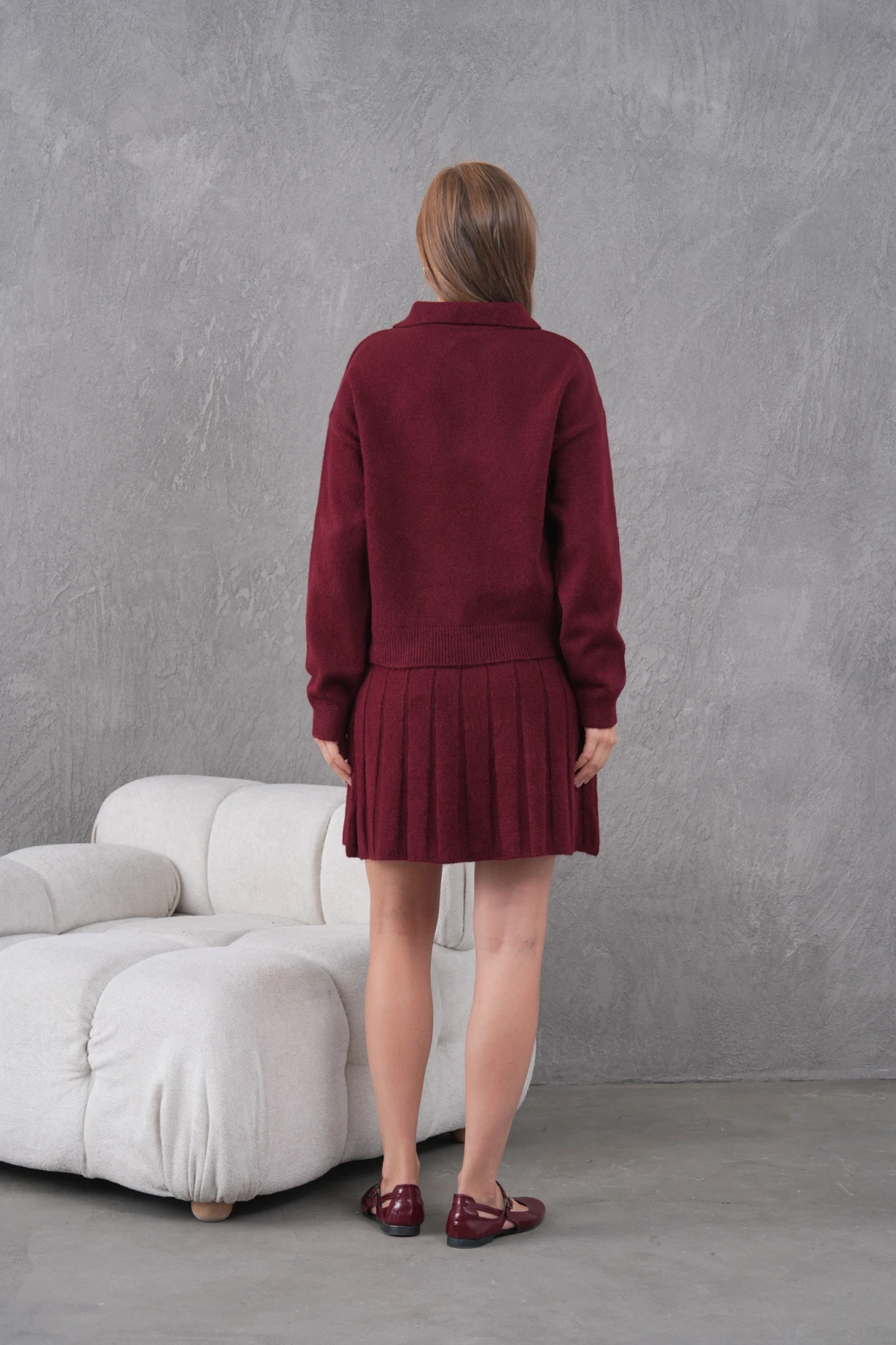 Kadın Polo Yaka Düğme Detay Kazak Etek İkili Triko Takım