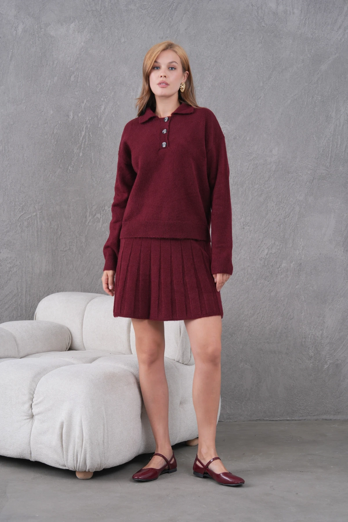 Kadın Polo Yaka Düğme Detay Kazak Etek İkili Triko Takım