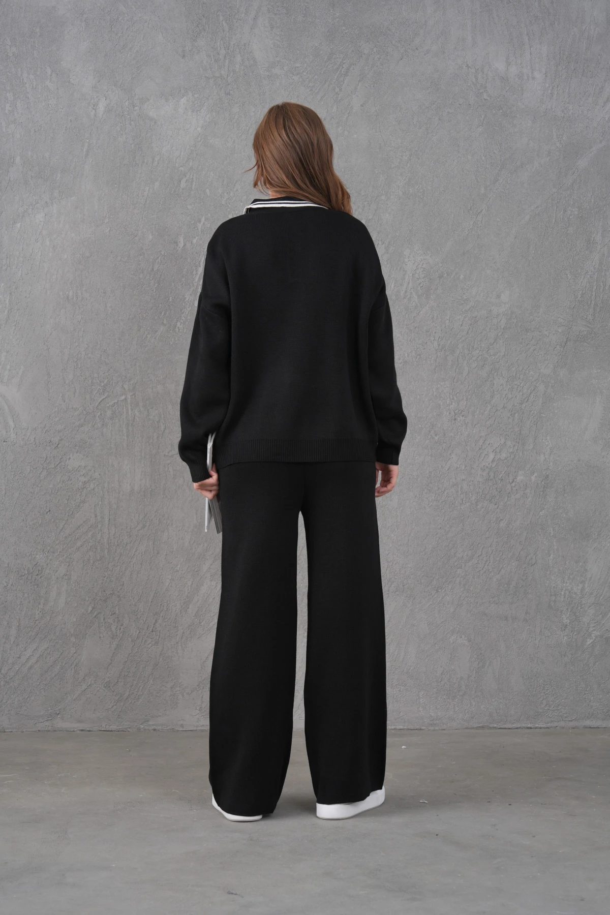 Kadın Polo Yaka Düğme Detay Kazak Pantolon İkili Triko Takım