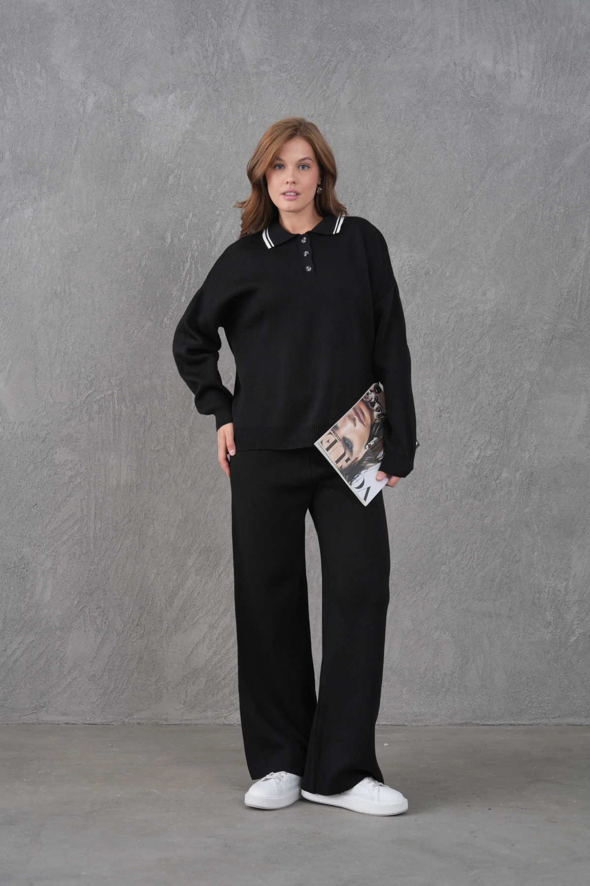 Kadın Polo Yaka Düğme Detay Kazak Pantolon İkili Triko Takım