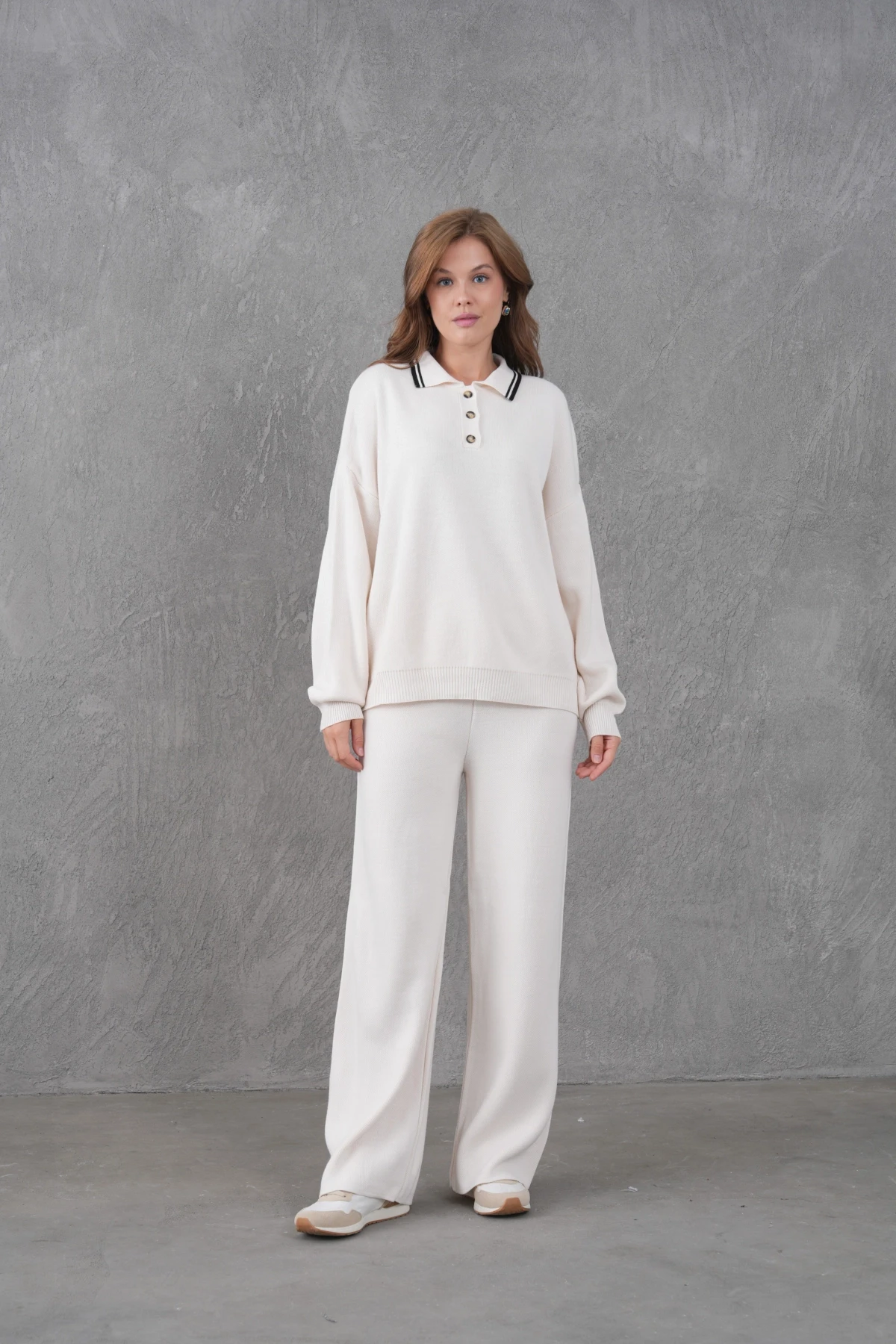 Kadın Polo Yaka Düğme Detay Kazak Pantolon İkili Triko Takım