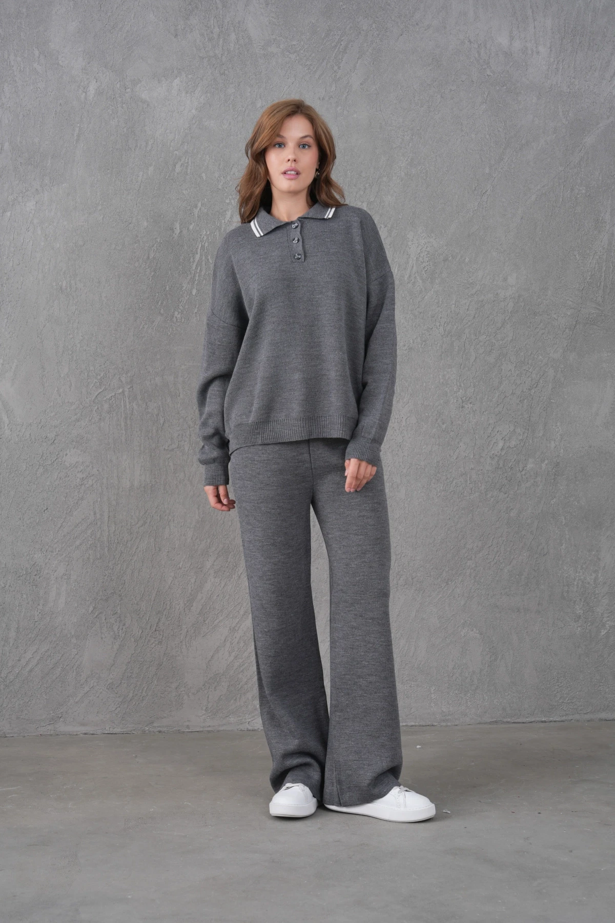 Kadın Polo Yaka Düğme Detay Kazak Pantolon İkili Triko Takım