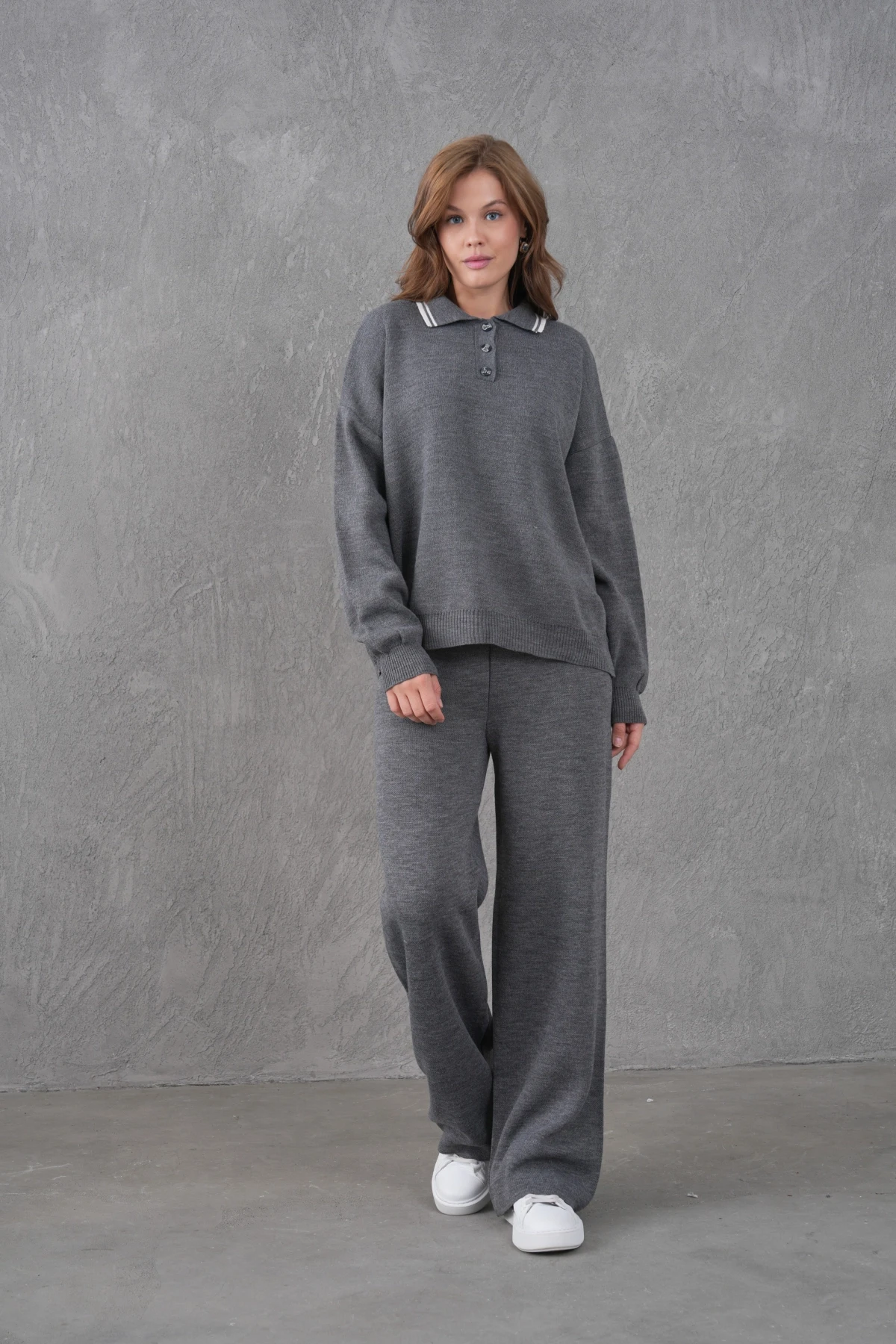 Kadın Polo Yaka Düğme Detay Kazak Pantolon İkili Triko Takım