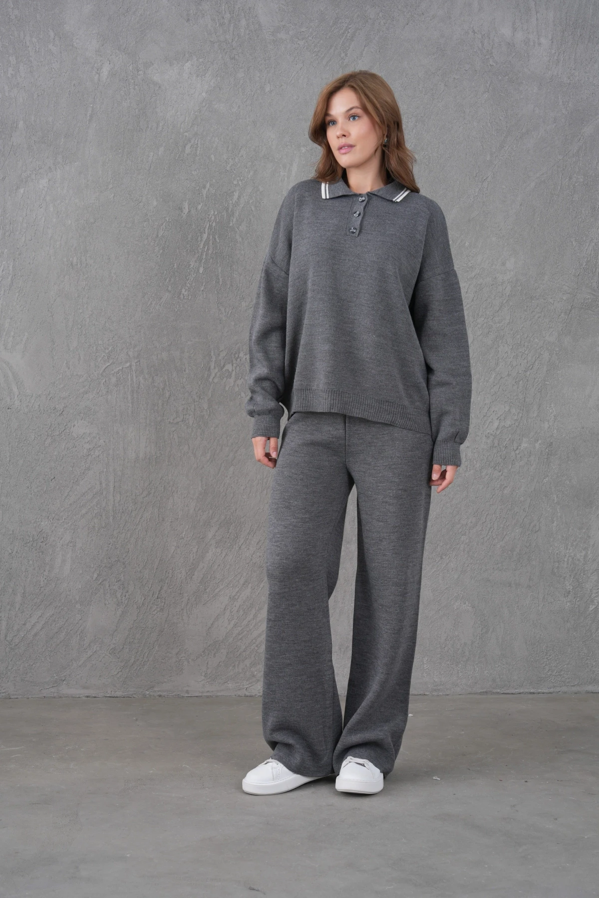 Kadın Polo Yaka Düğme Detay Kazak Pantolon İkili Triko Takım