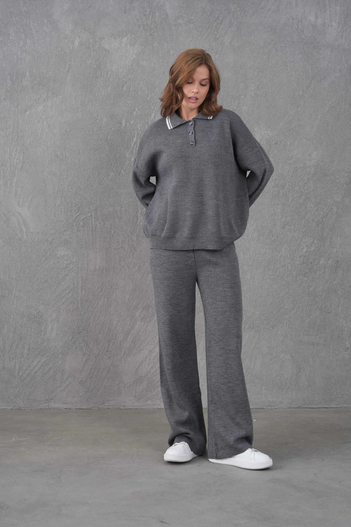 Kadın Polo Yaka Düğme Detay Kazak Pantolon İkili Triko Takım