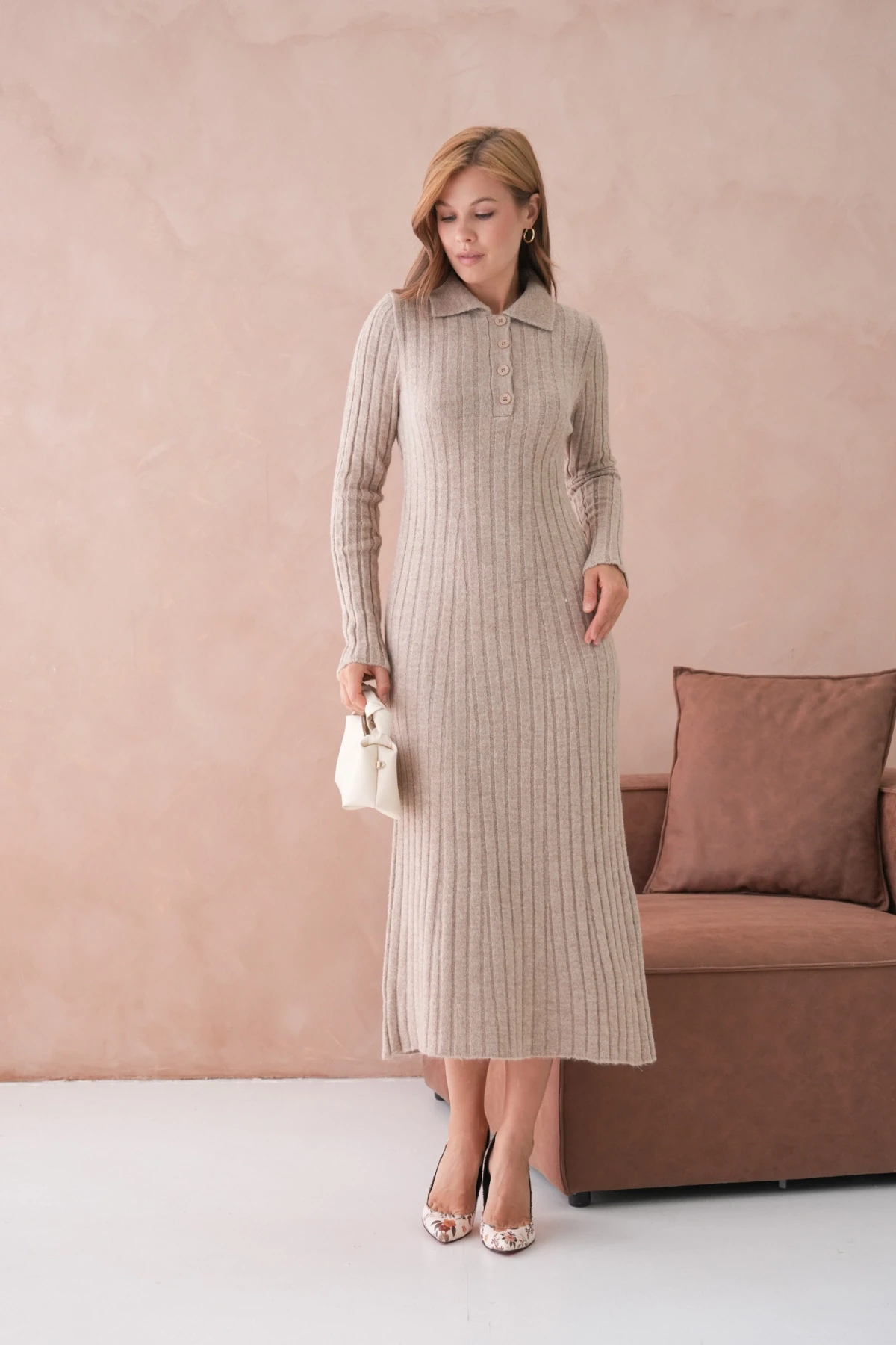 Kadın Polo Yaka Düğme Detay Maxi Boy Yumuşak Dokulu Fitilli Triko Elbise