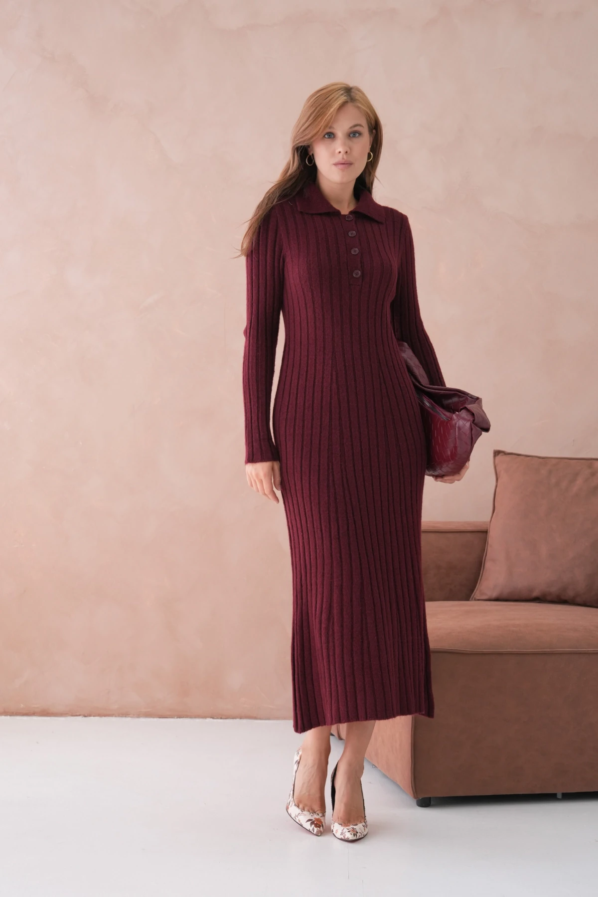 Kadın Polo Yaka Düğme Detay Maxi Boy Yumuşak Dokulu Fitilli Triko Elbise