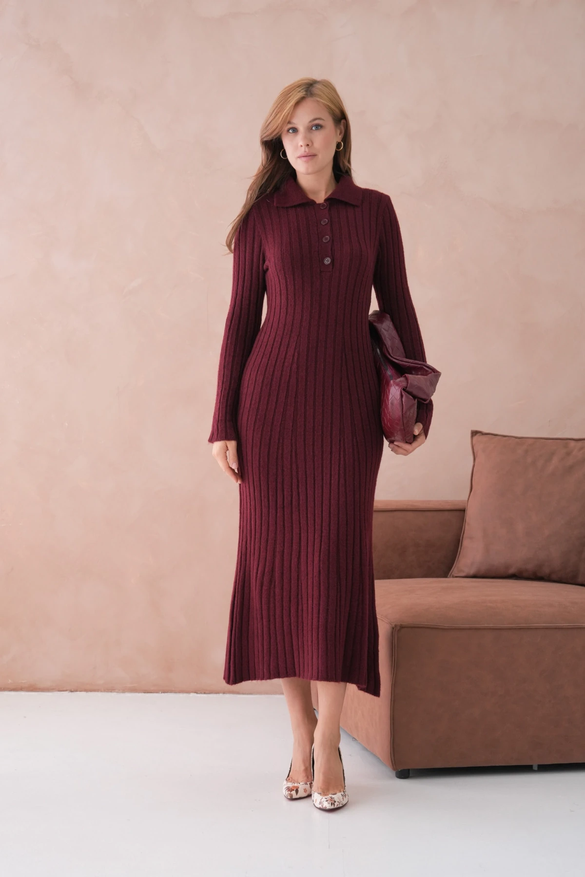 Kadın Polo Yaka Düğme Detay Maxi Boy Yumuşak Dokulu Fitilli Triko Elbise