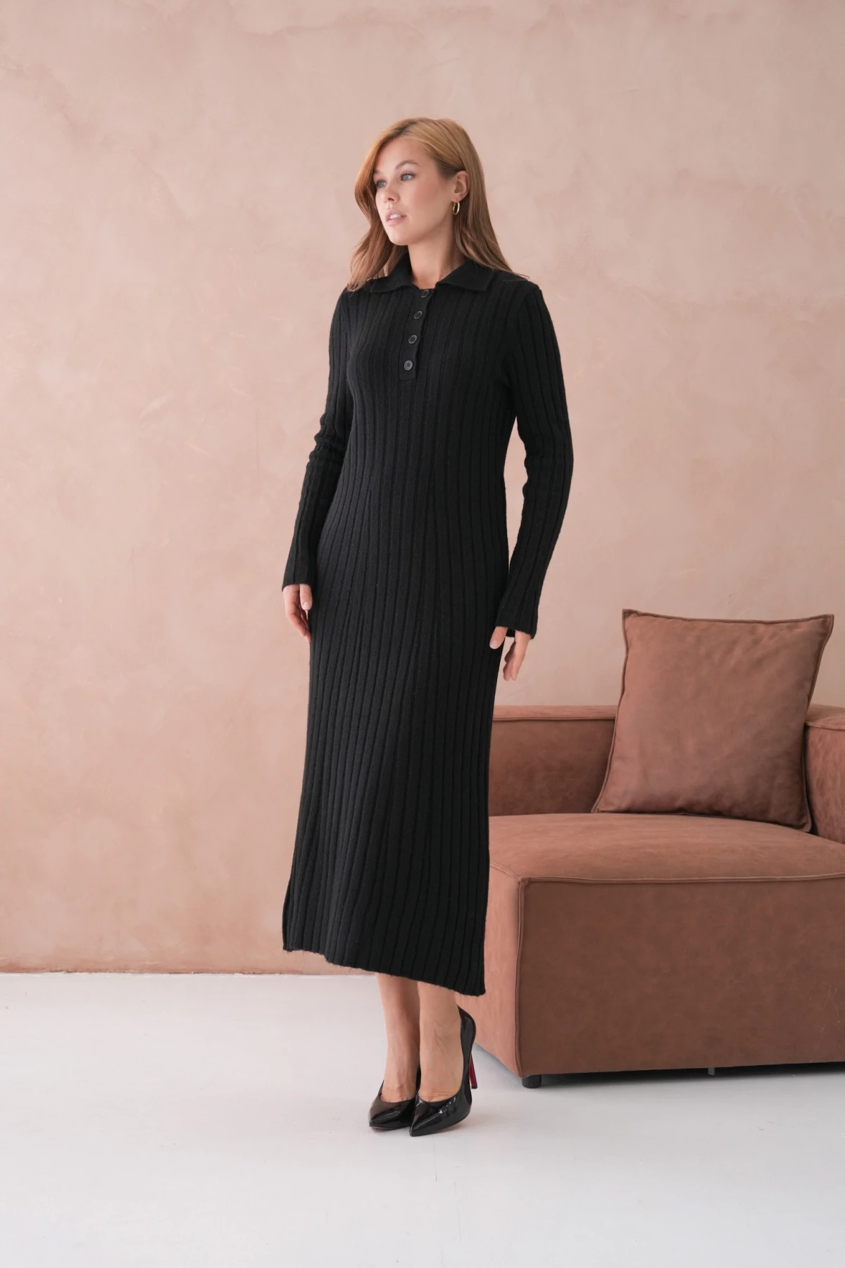 Kadın Polo Yaka Düğme Detay Maxi Boy Yumuşak Dokulu Fitilli Triko Elbise