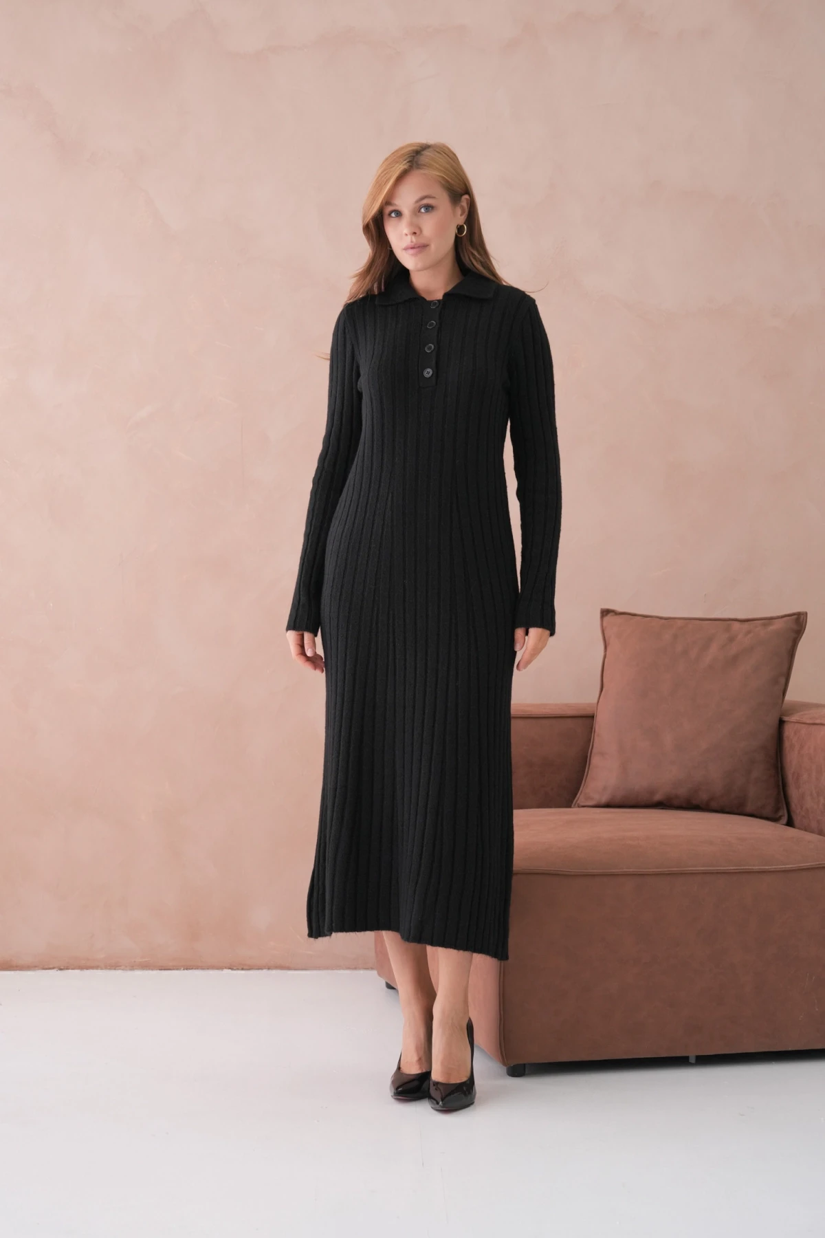 Kadın Polo Yaka Düğme Detay Maxi Boy Yumuşak Dokulu Fitilli Triko Elbise