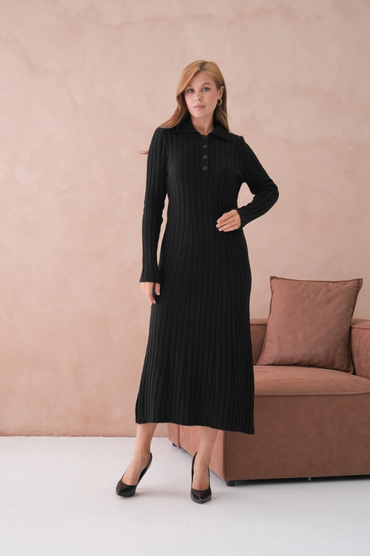 Kadın Polo Yaka Düğme Detay Maxi Boy Yumuşak Dokulu Fitilli Triko Elbise