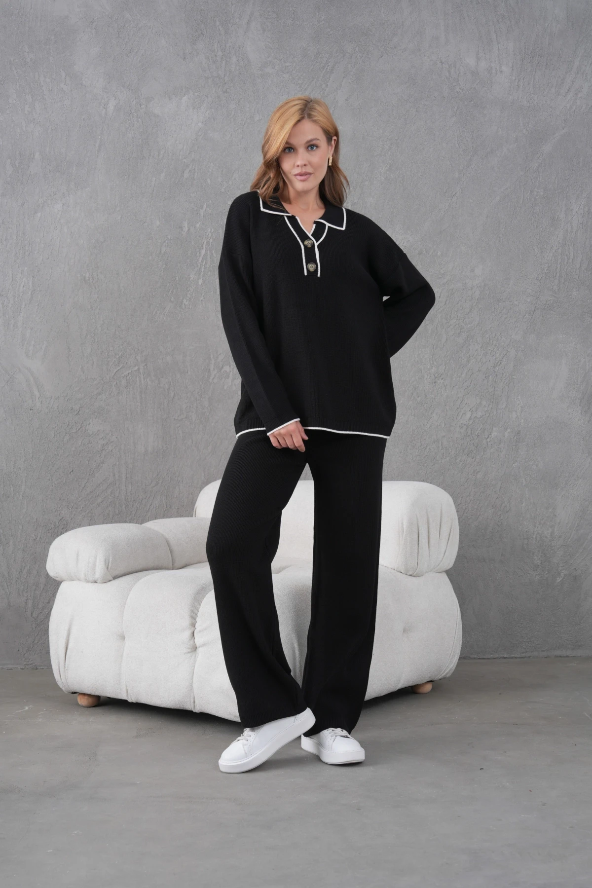 Kadın Polo Yaka Düğme Detay Oversize Kaşkorse Kazak Pantolon İkili Triko Takım