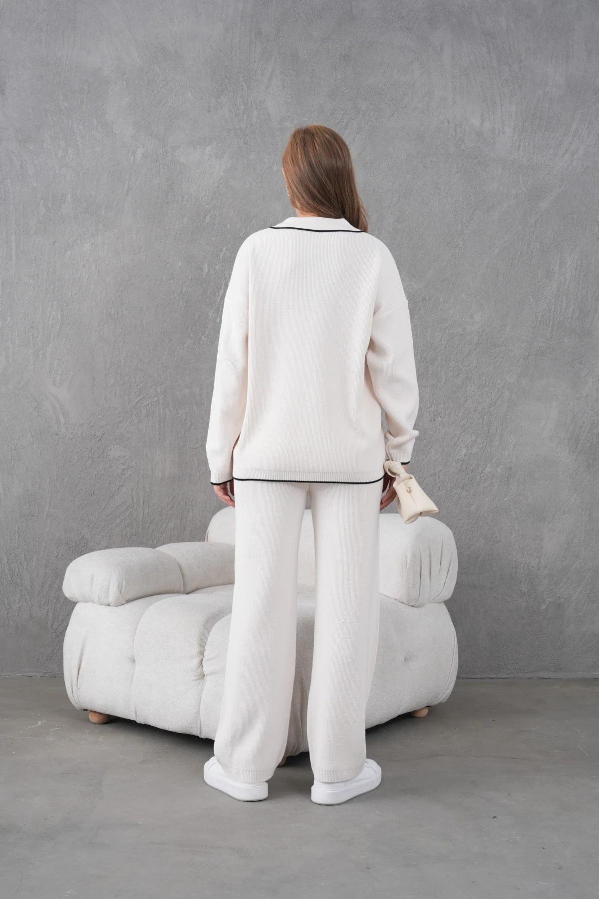 Kadın Polo Yaka Düğme Detay Oversize Kaşkorse Kazak Pantolon İkili Triko Takım