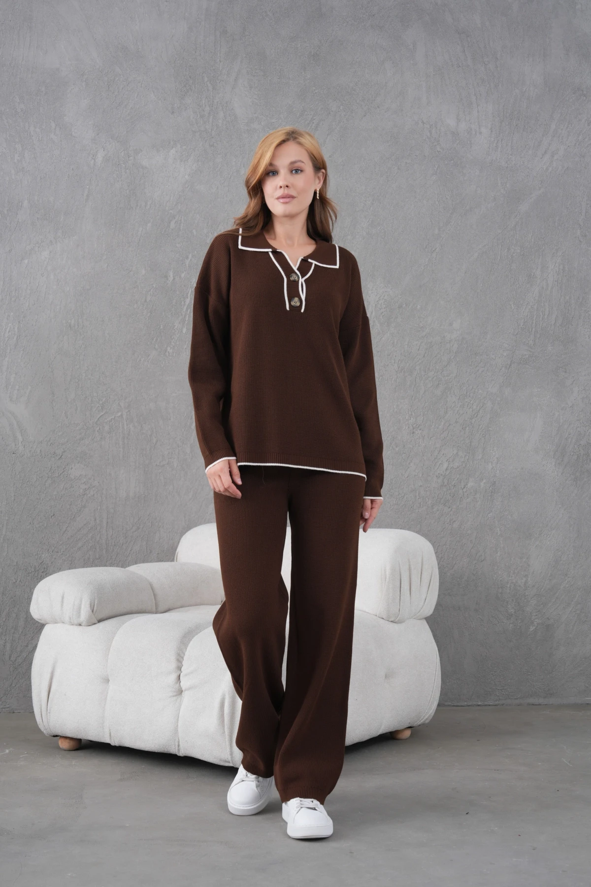 Kadın Polo Yaka Düğme Detay Oversize Kaşkorse Kazak Pantolon İkili Triko Takım