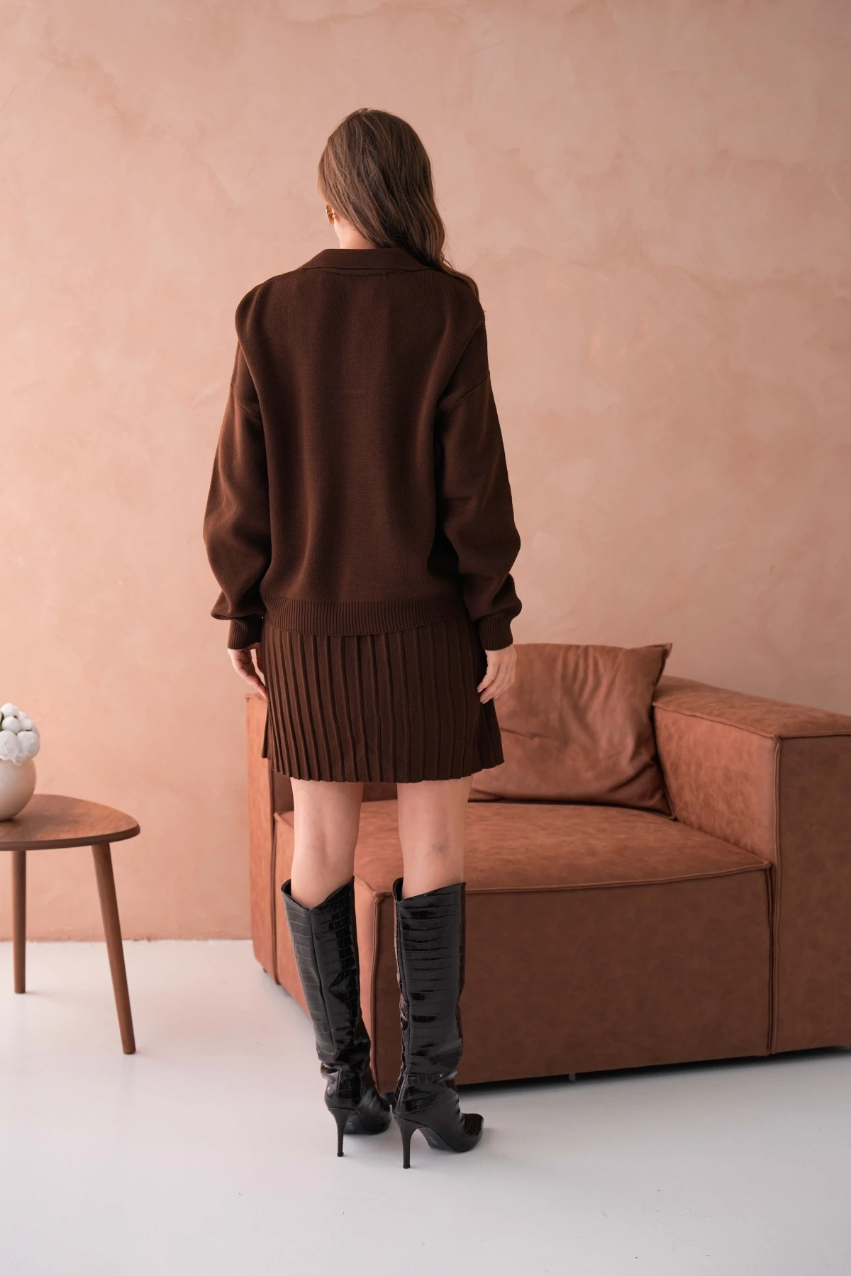 Kadın Polo Yaka Düşük Kol Kazak Kısa Etek İkili Triko Takım