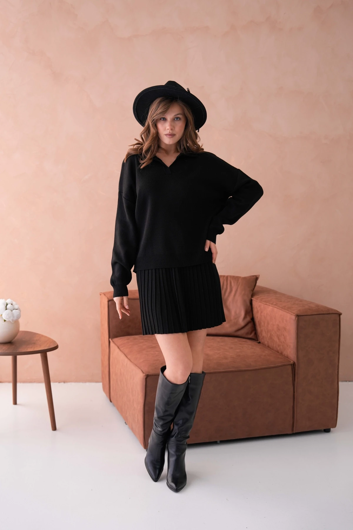 Kadın Polo Yaka Düşük Kol Kazak Kısa Etek İkili Triko Takım