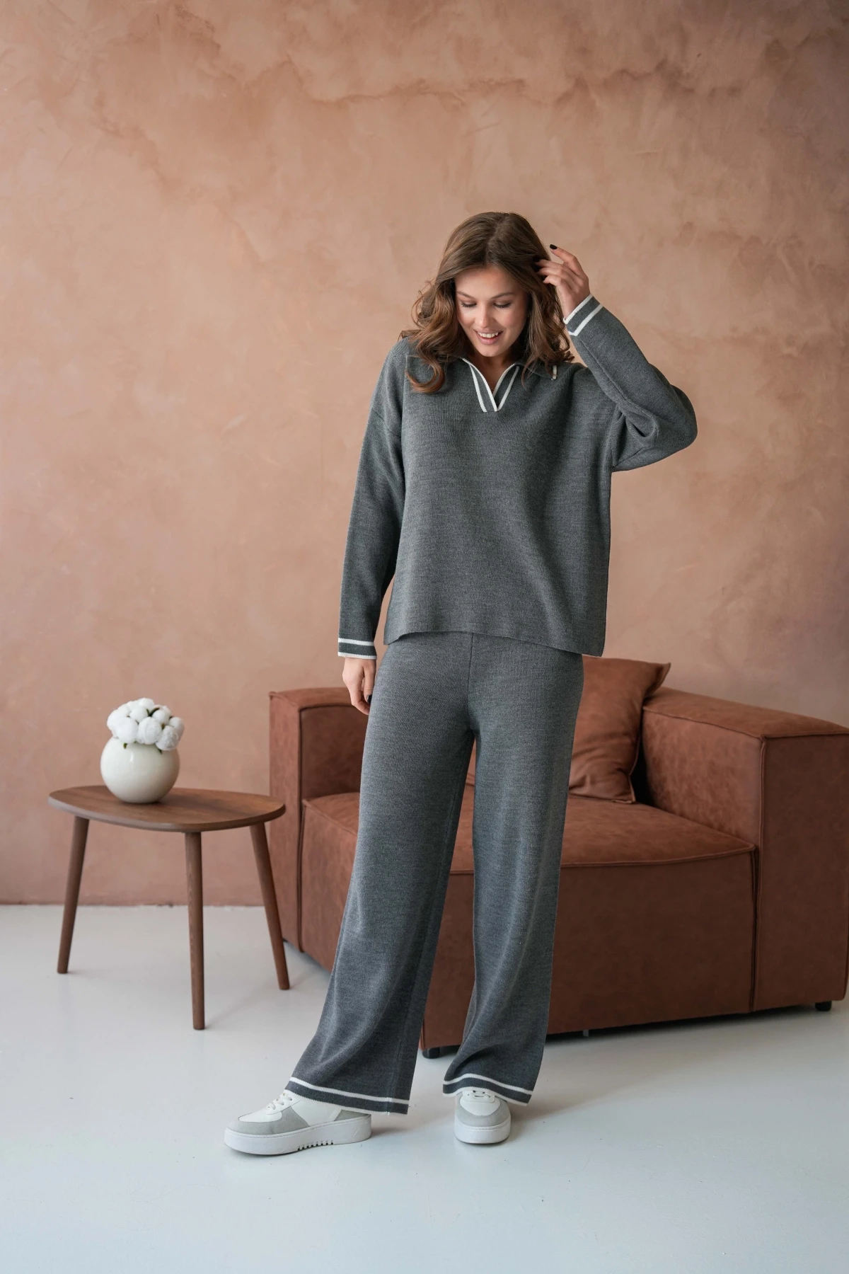 Kadın Polo Yaka Düşük Kol Kazak Pantolo İkili Triko Takım